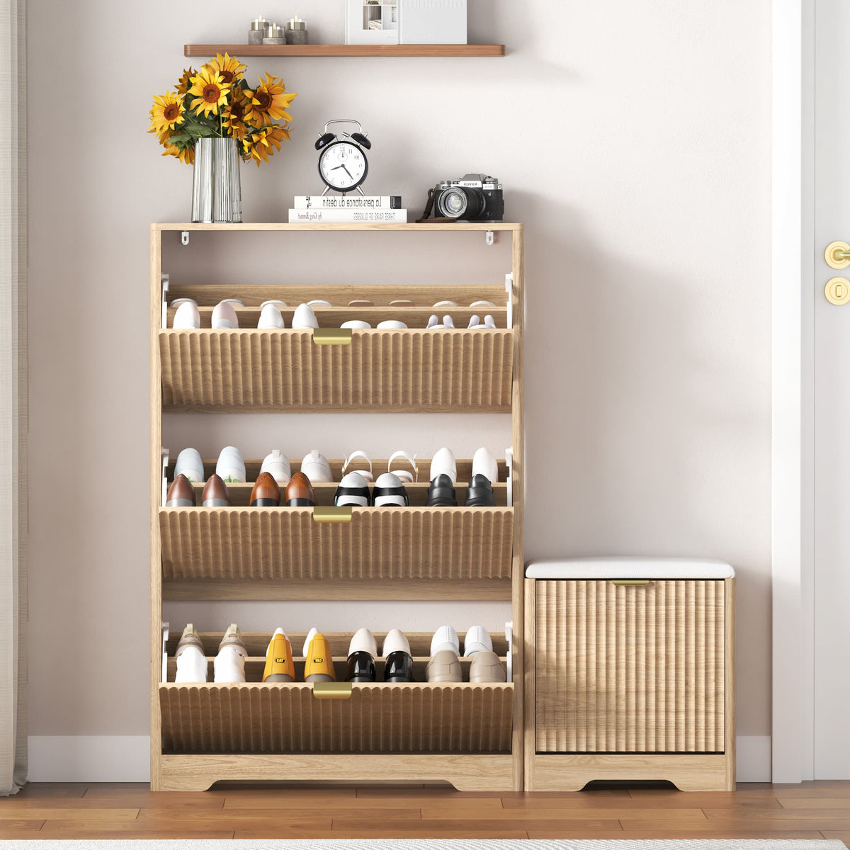 Linea Shoes Cabinet with 3 Flip Drawers & Bench