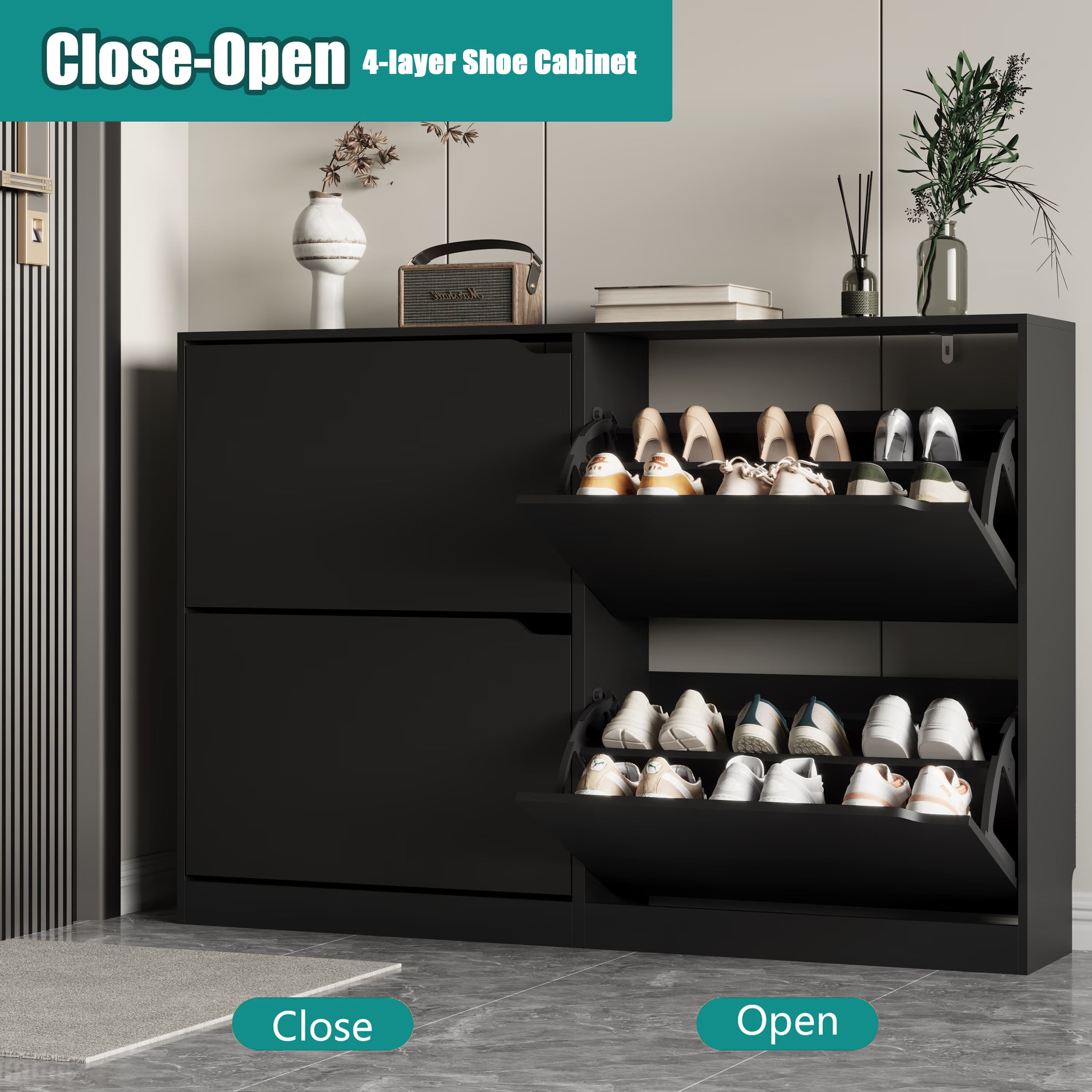 Anymaple Crestline Black 4-door shoe cabinet, adjustable interior panels for flexible shoe organization