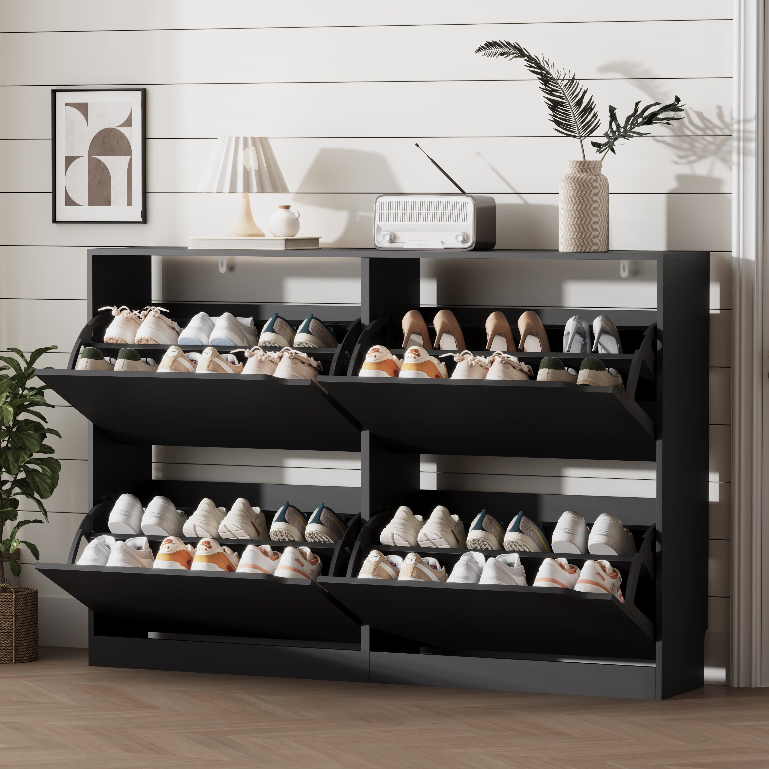Anymaple Crestline Black 4-door shoe cabinet, 4-door shoe cabinet for entryway with concealed flip drawer storage