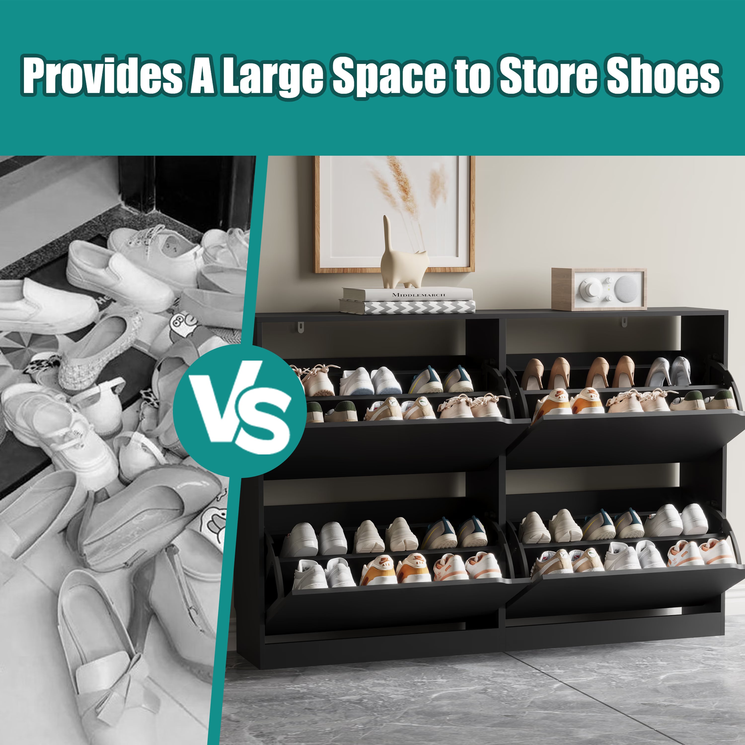 Anymaple Crestline Black 4-door shoe cabinet, hidden shoe storage cabinet that helps reduce visible clutter and dust