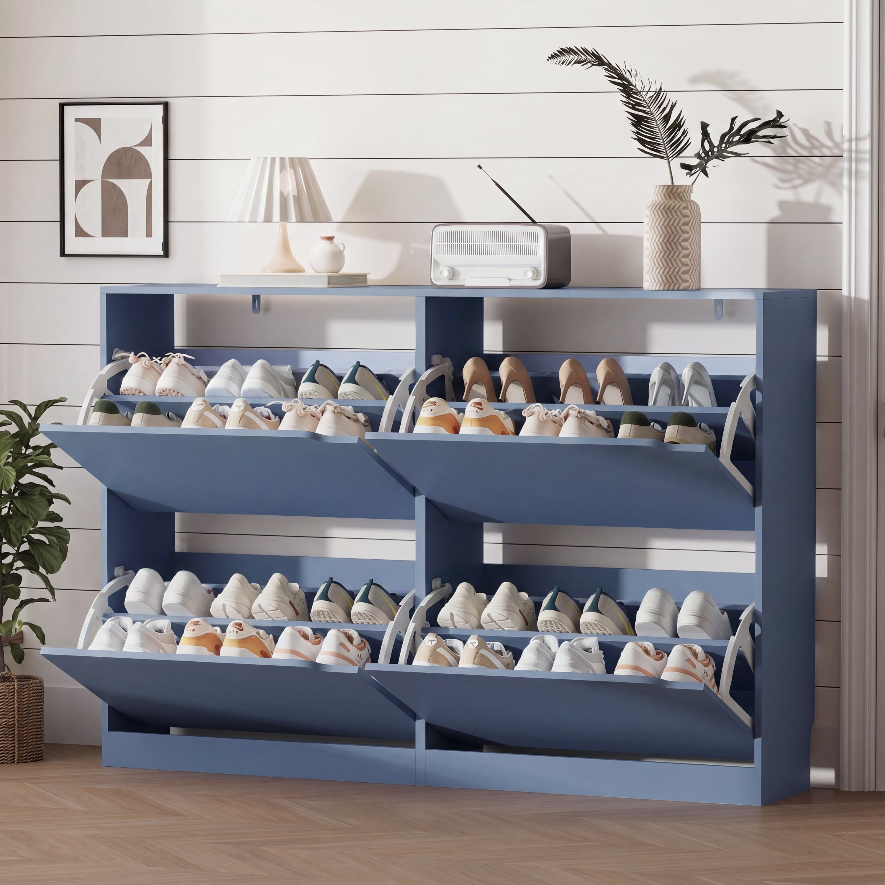 Anymaple Crestline Blue 4-door shoe cabinet, 4-door shoe cabinet for entryway with concealed flip drawer storage