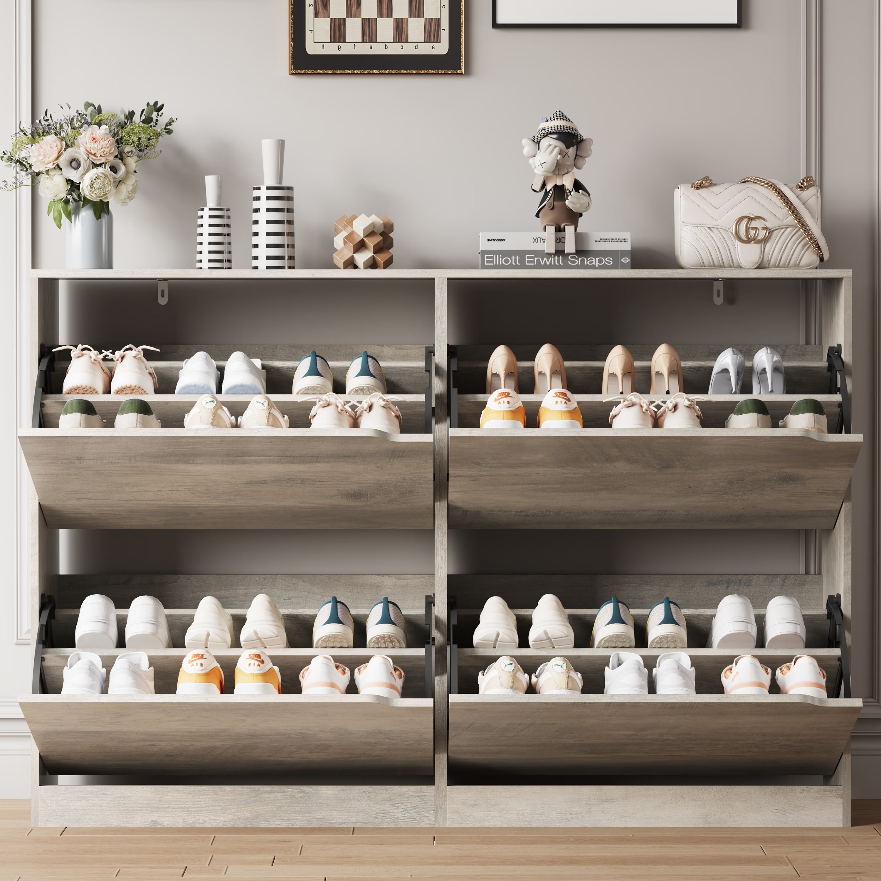 Anymaple Crestline Gray 4-door shoe cabinet, adjustable interior panels for flexible shoe organization