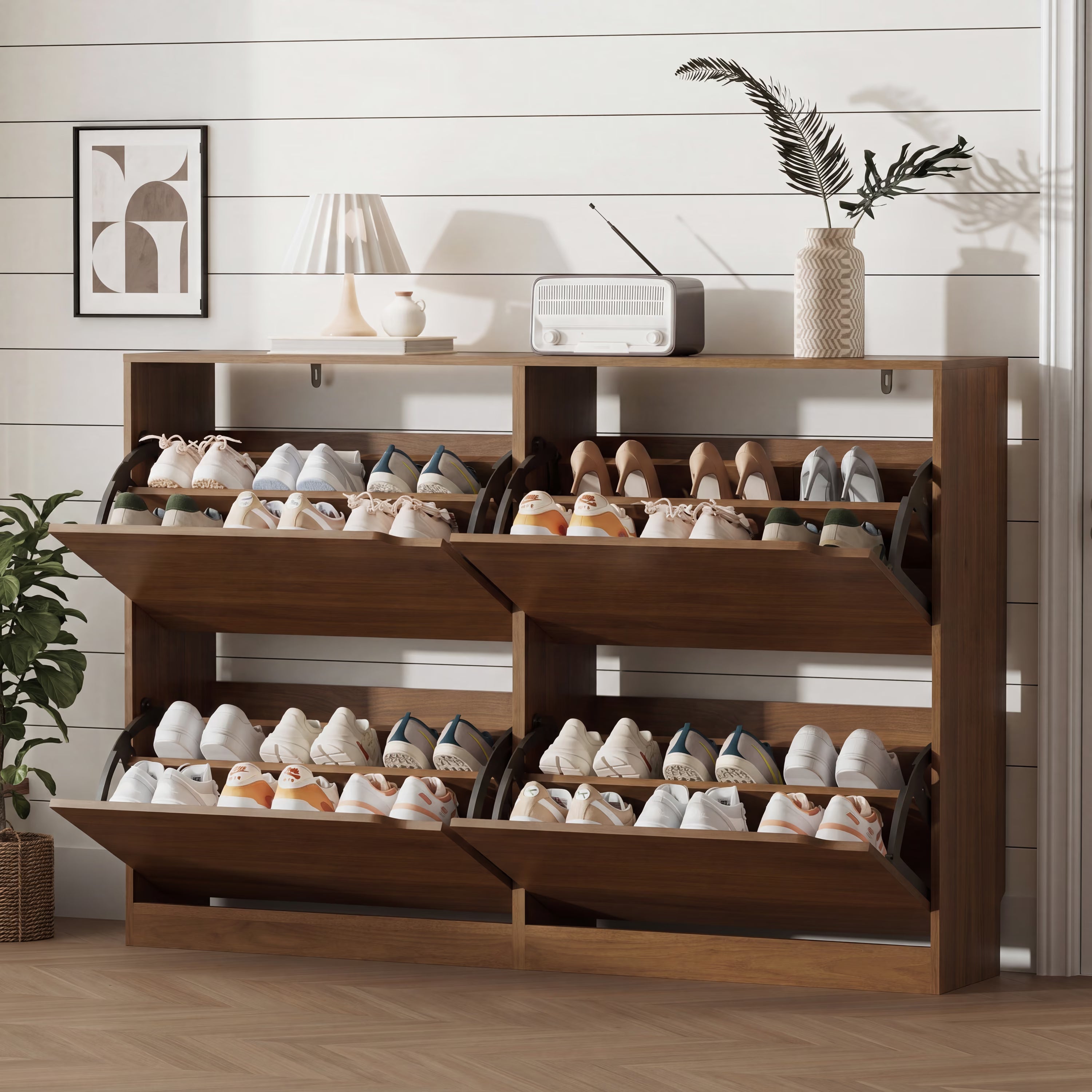 Anymaple Crestline Walnut 4-door shoe cabinet, 4-door shoe cabinet for entryway with concealed flip drawer storage