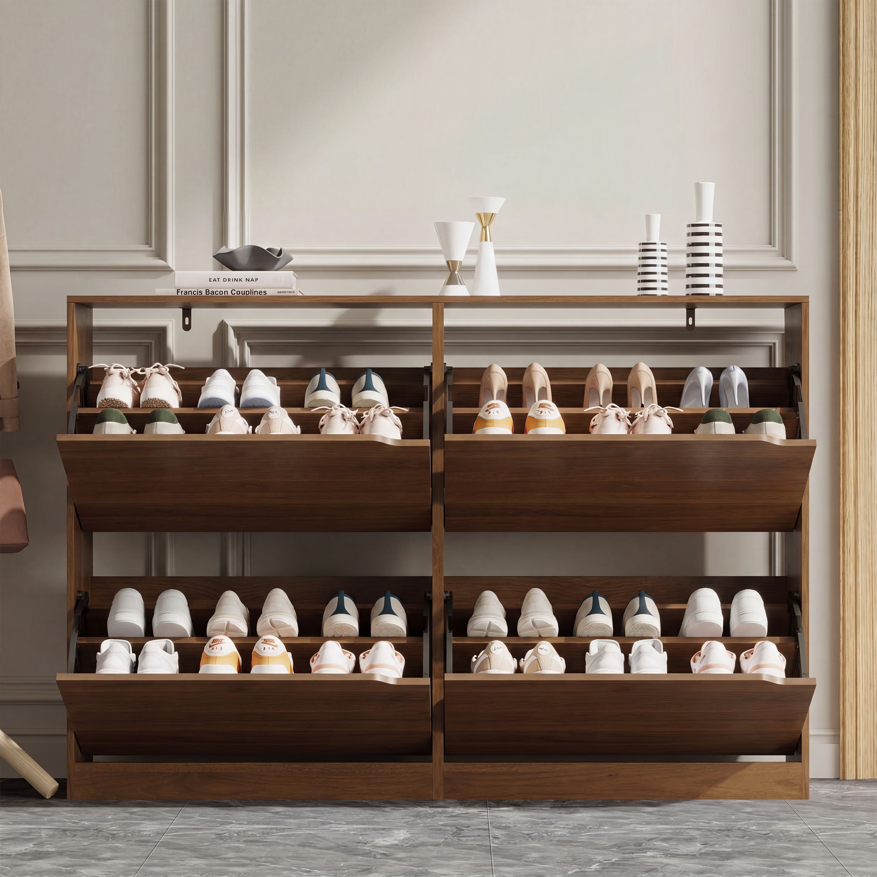 Anymaple Crestline Walnut 4-door shoe cabinet, narrow shoe cabinet styled for hallway entryway or apartment corridor