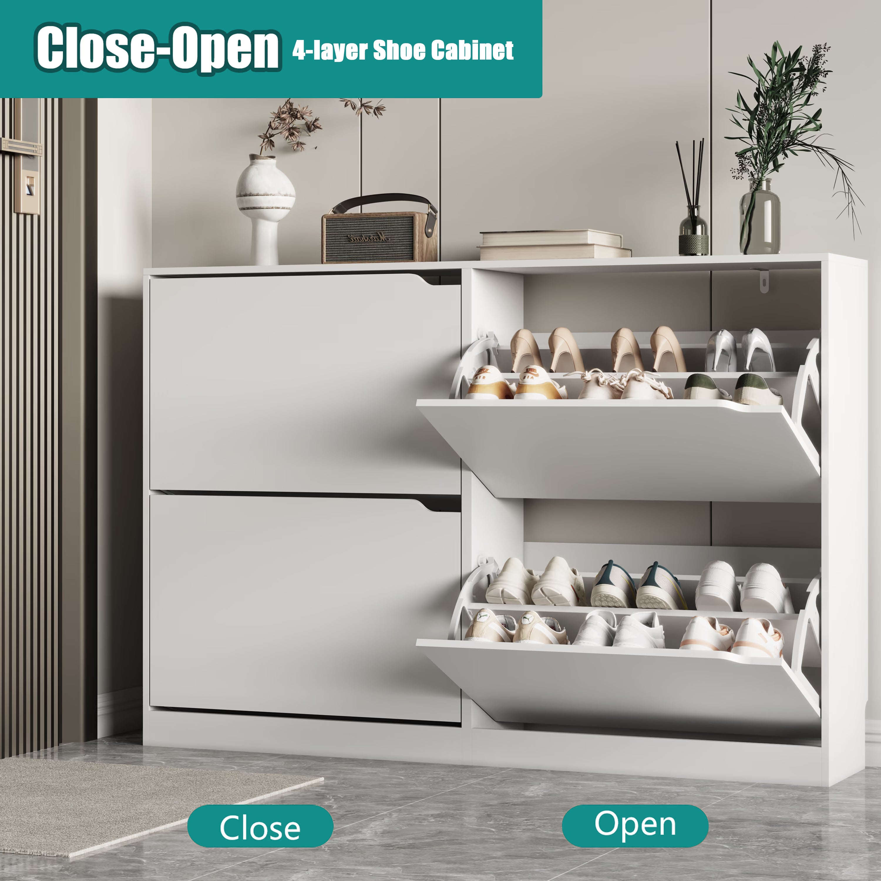 Anymaple Crestline White 4-door shoe cabinet, flip drawer storage for sneakers flats sandals and daily shoes