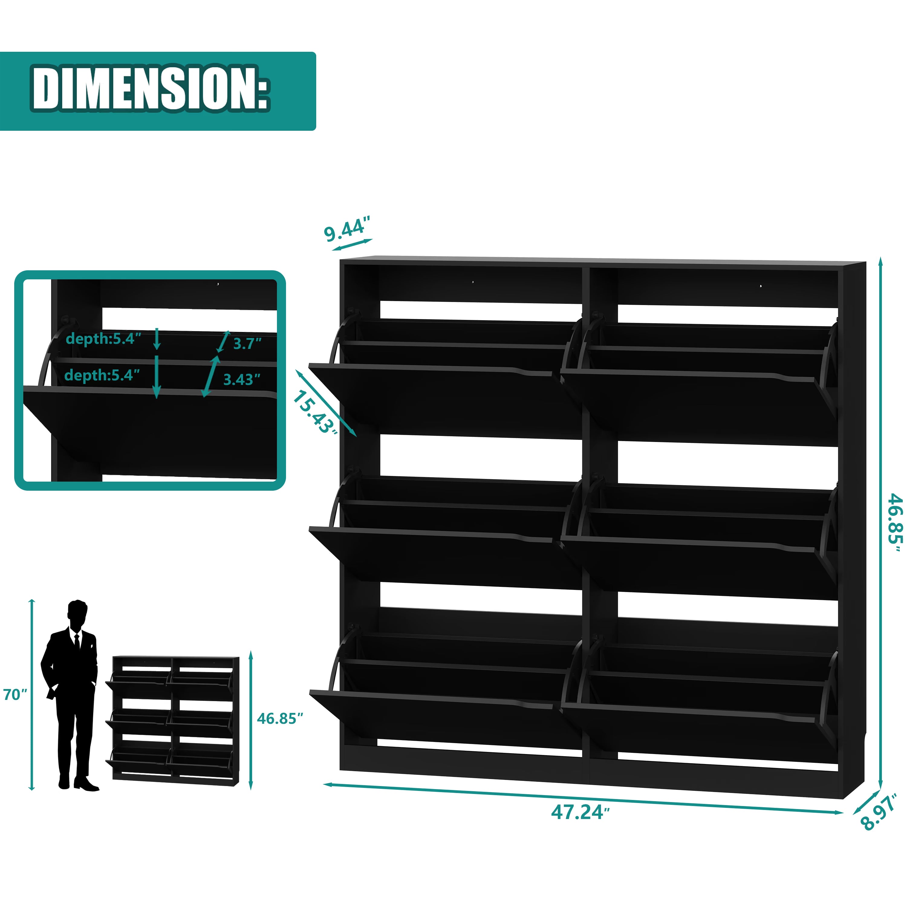 Anymaple Crestline HLG093 Black narrow shoe cabinet, dimensions 47.24 inch wide 9.44 inch deep and 46.85 inch high