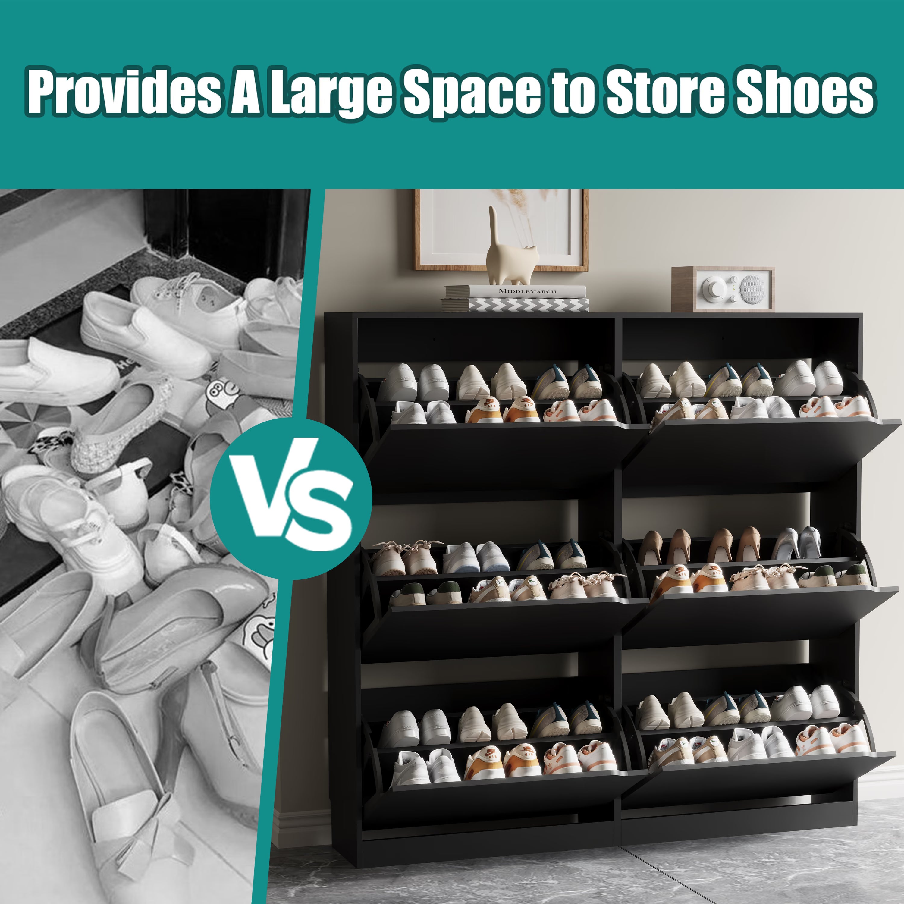 Anymaple Crestline HLG093 Black narrow shoe cabinet, flip drawer storage design for enclosed dust free footwear organization