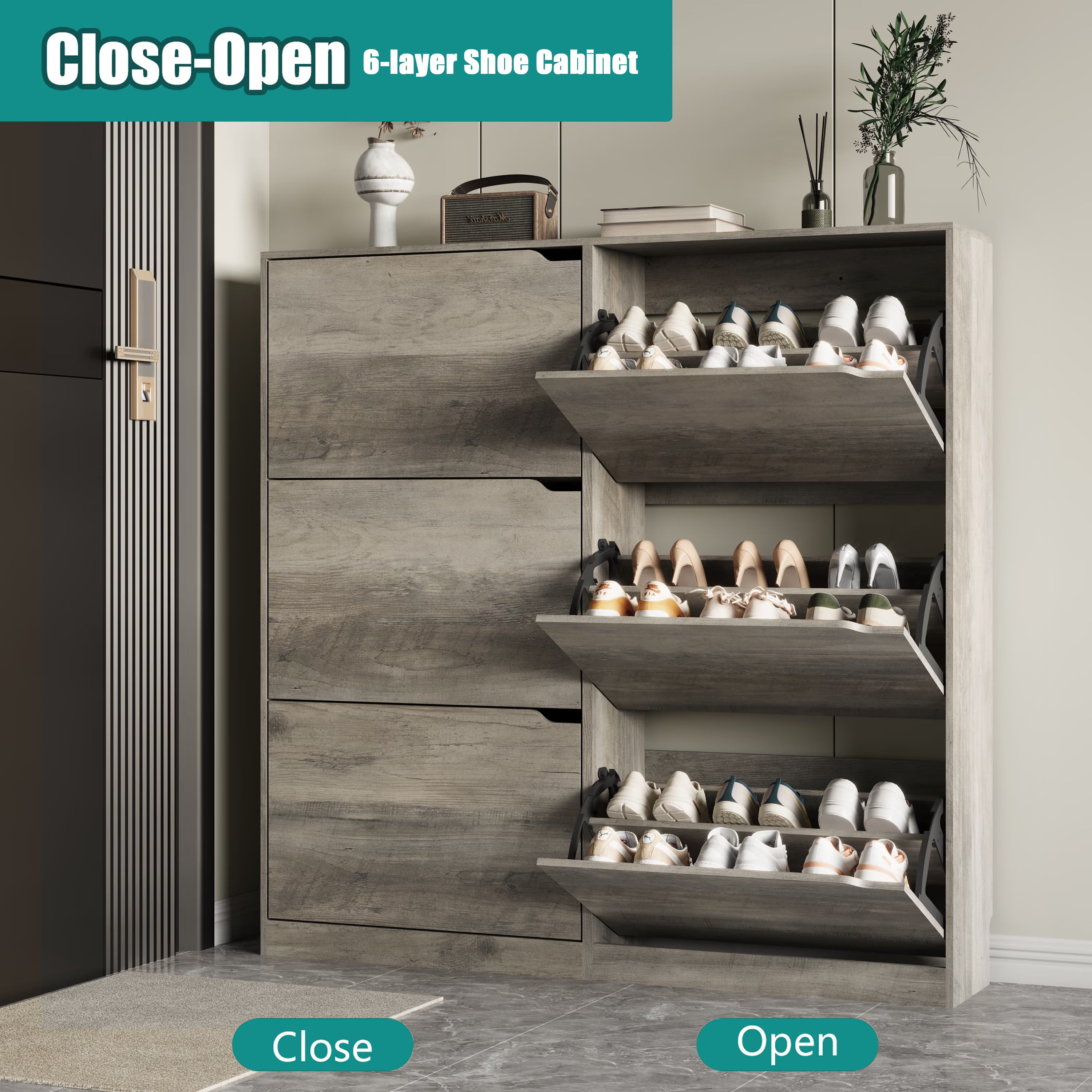 Anymaple Crestline HLG093 Gray narrow shoe cabinet, slim narrow shoe cabinet styled in an entryway or foyer