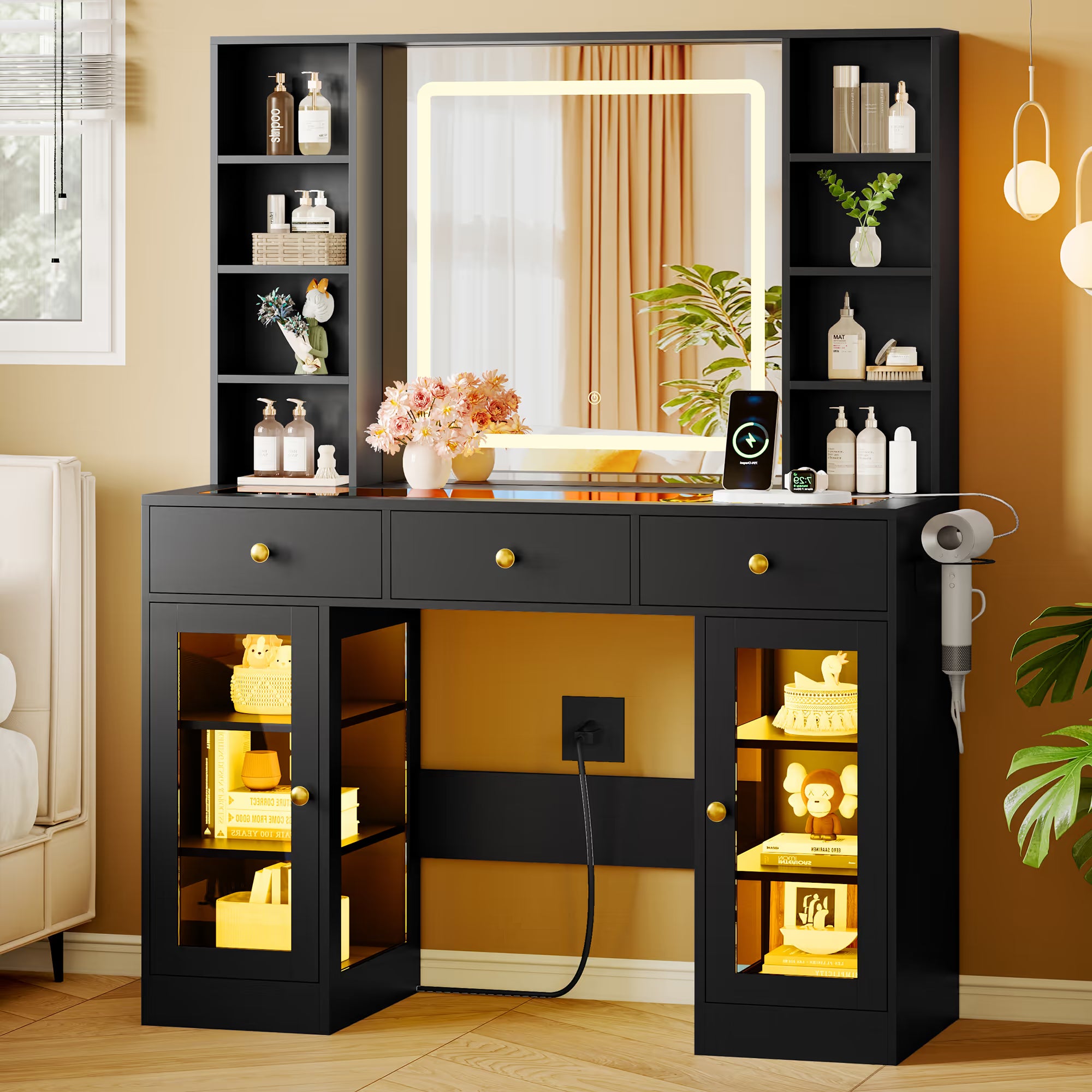 Anymaple Celeste Black glass top vanity desk with HD lighted mirror and storage drawers for bedroom makeup organization
