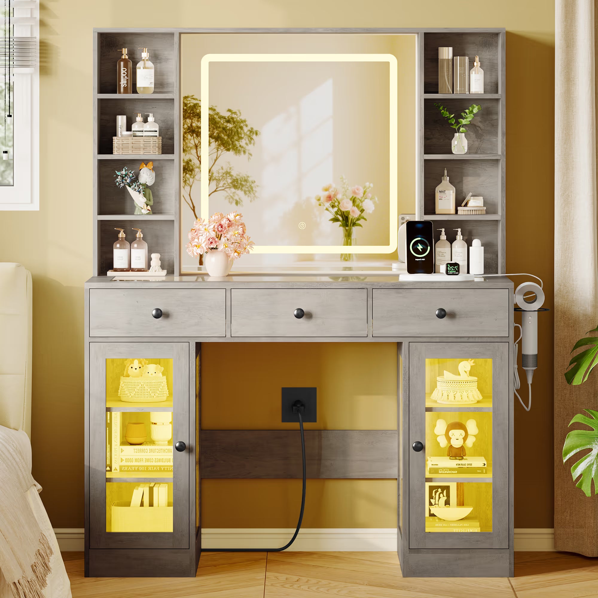 Anymaple Celeste Gray glass top vanity desk with HD lighted mirror and storage drawers for bedroom makeup organization