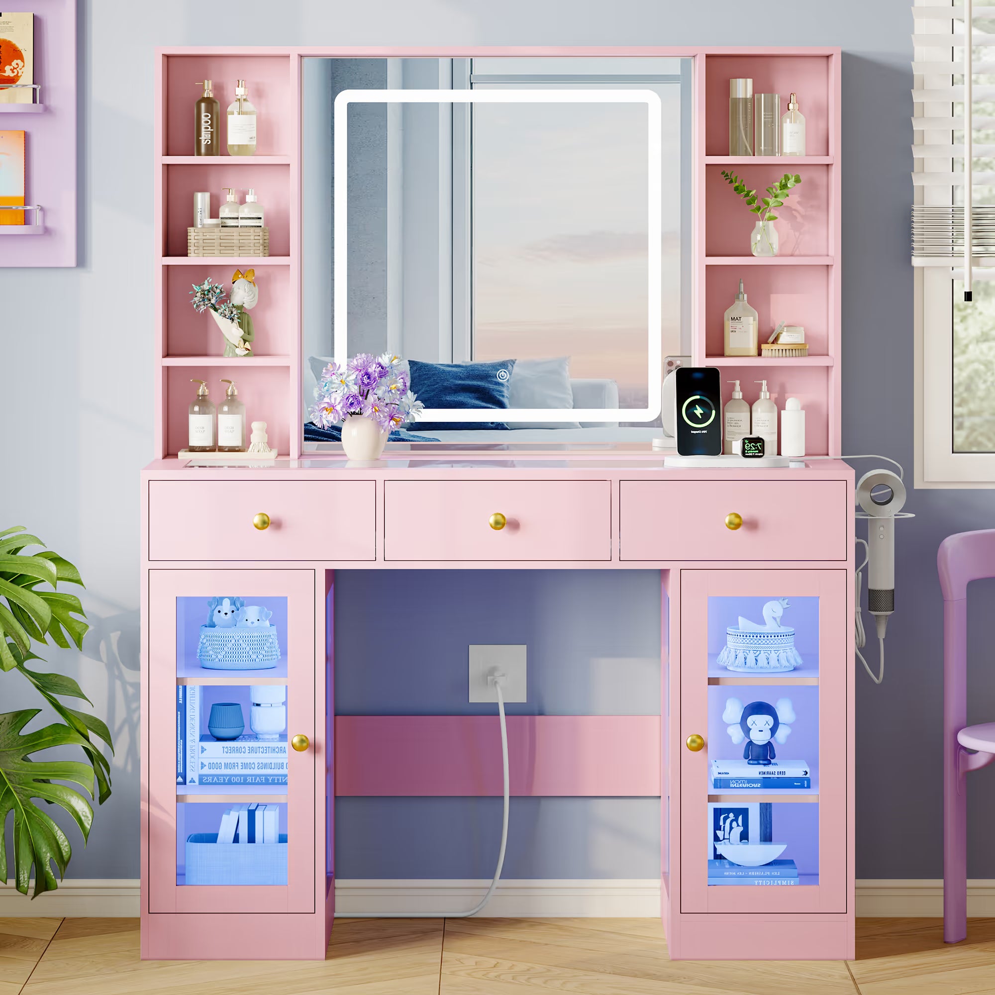 Anymaple Celeste Pink glass top vanity desk with HD lighted mirror and storage drawers for bedroom makeup organization