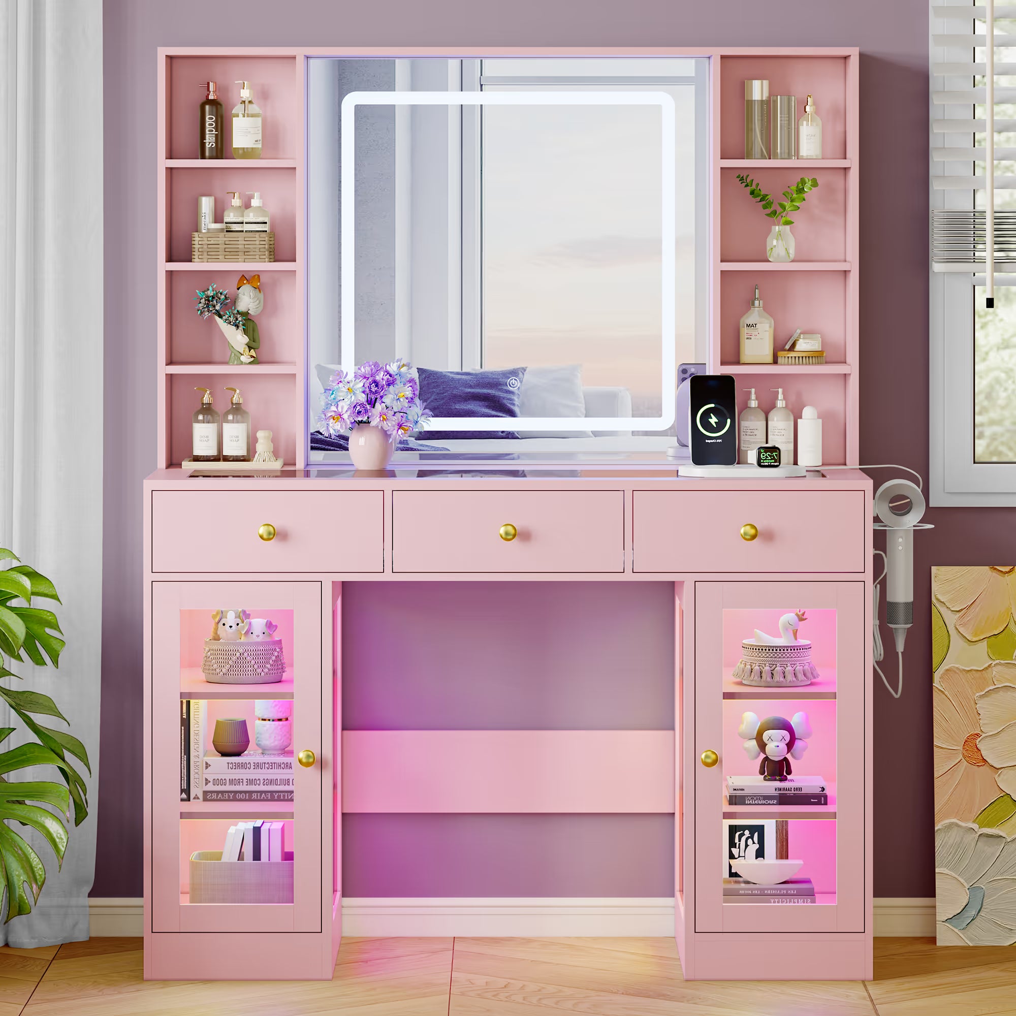 Anymaple Celeste Pink glass top vanity desk with HD lighted mirror and storage drawers for bedroom makeup organization