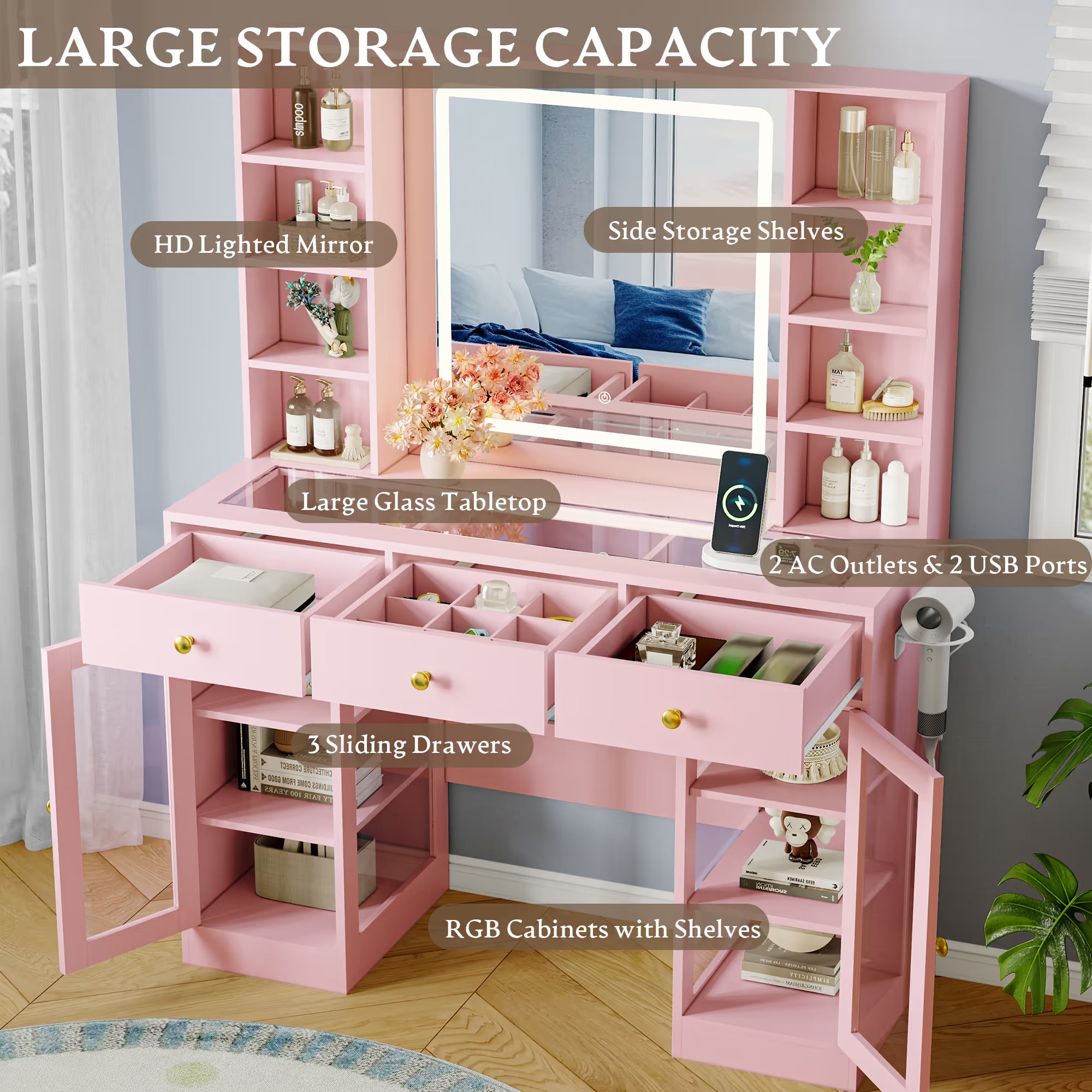Anymaple Celeste Pink glass top vanity desk with 3 drawers, side shelves and RGB cabinet storage for cosmetics
