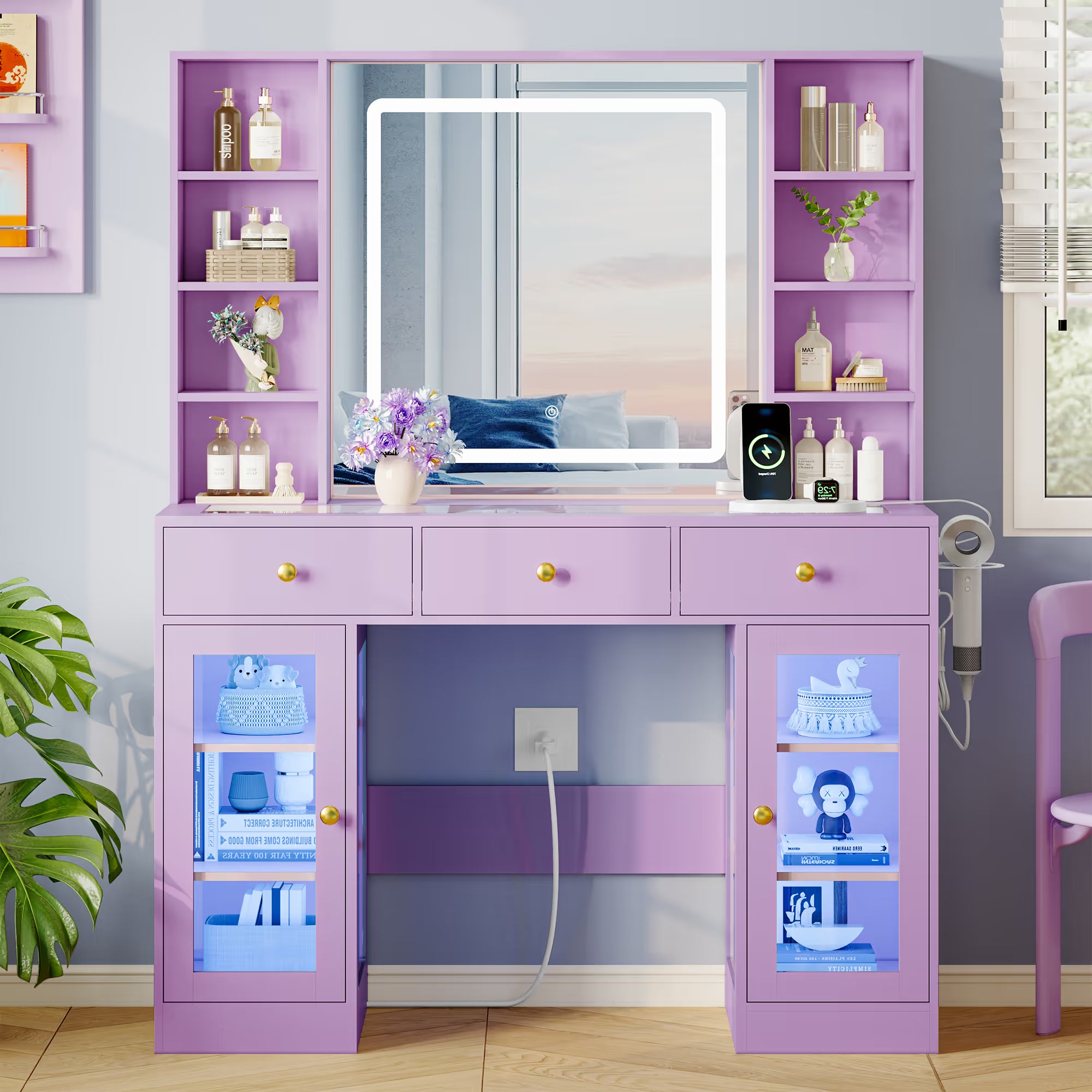 Anymaple Celeste Purple glass top vanity desk with HD lighted mirror and storage drawers for bedroom makeup organization