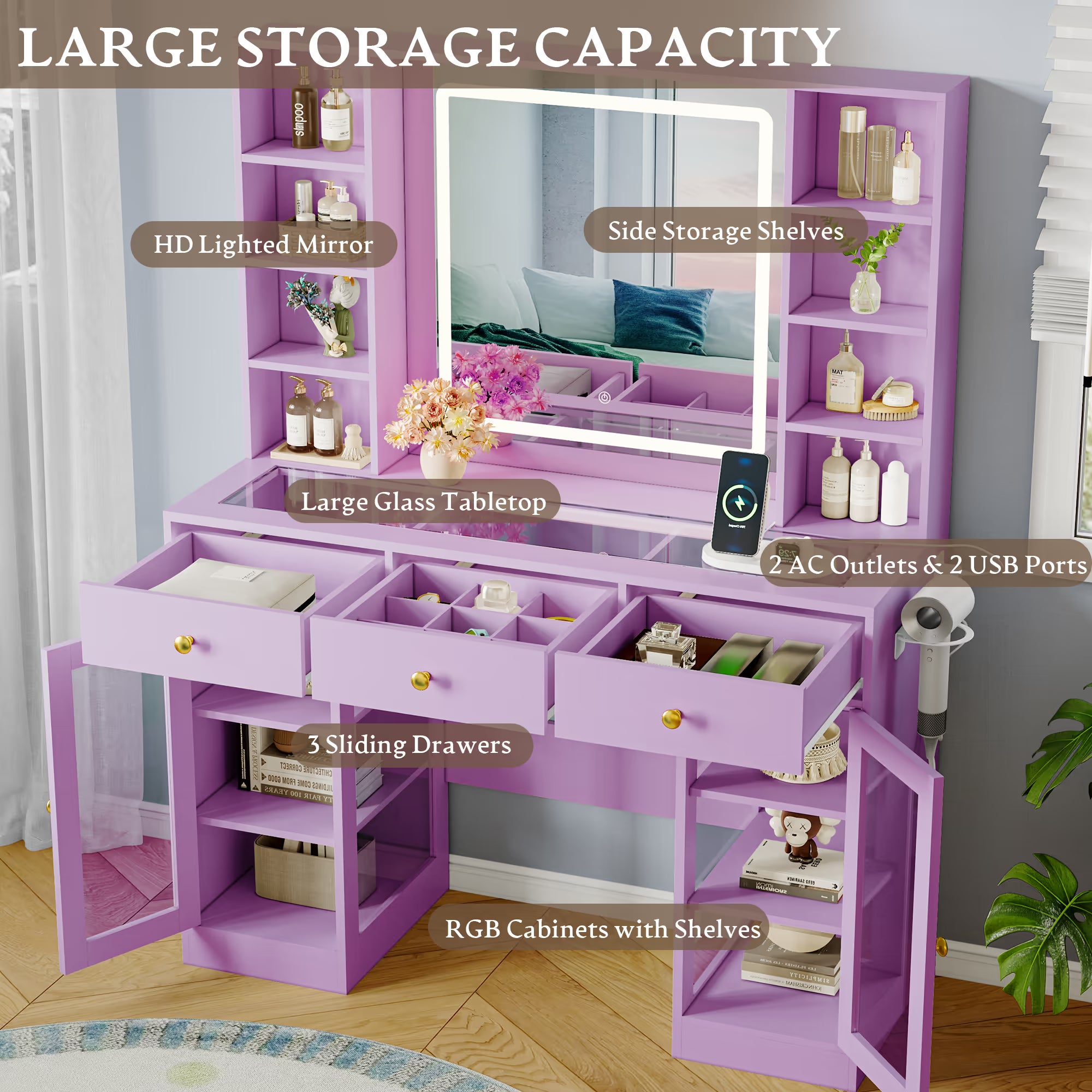 Anymaple Celeste Purple glass top vanity desk with 3 drawers, side shelves and RGB cabinet storage for cosmetics