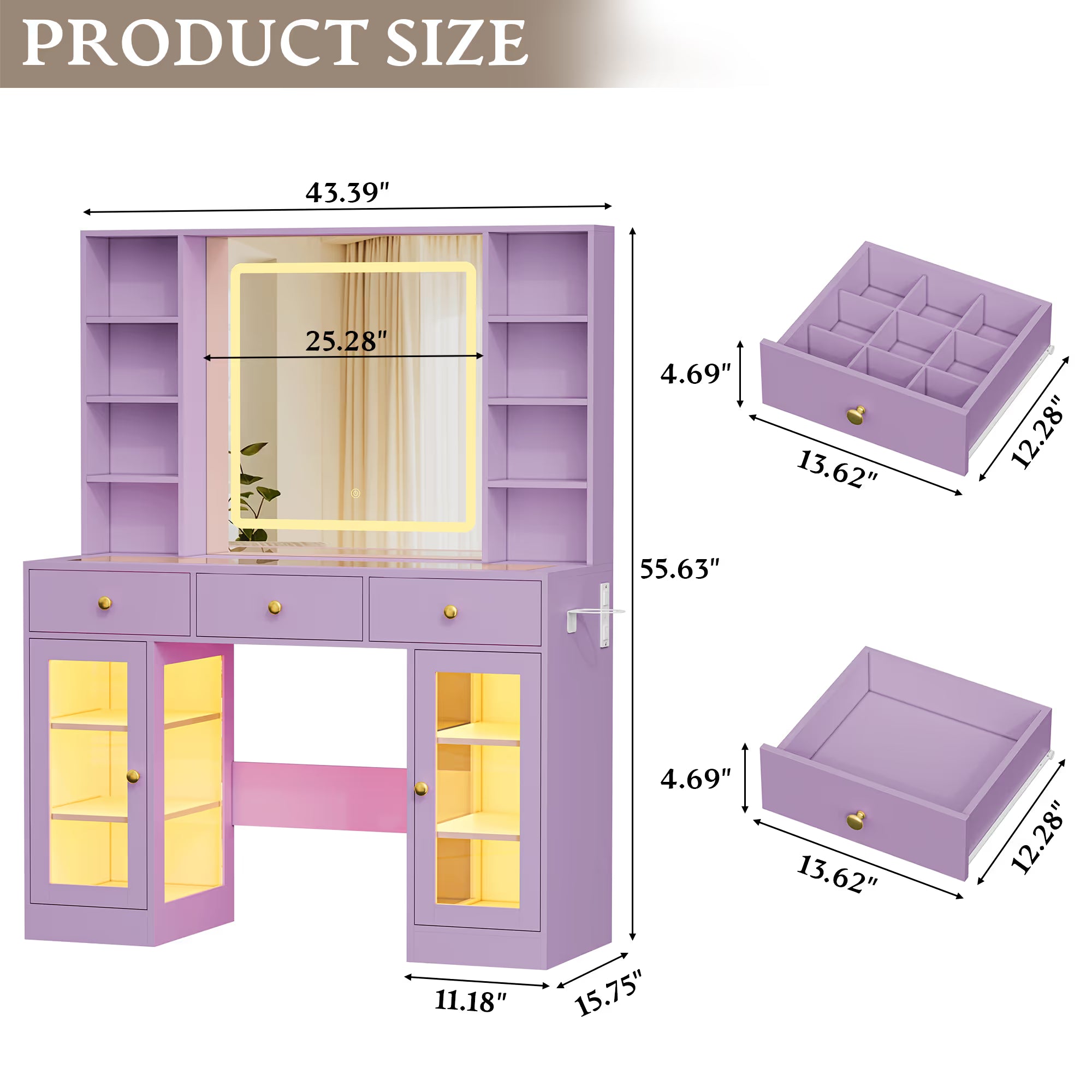 Anymaple Celeste Purple glass top vanity desk product size dimensions, 43 inch makeup vanity with lighted mirror