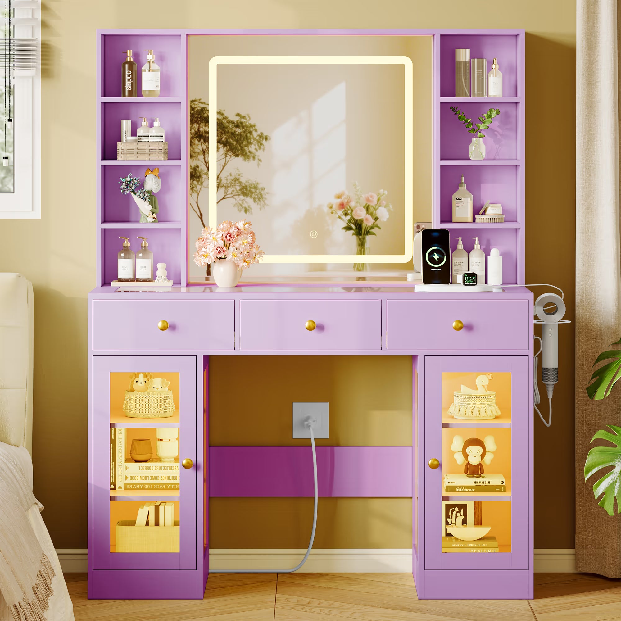 Anymaple Celeste Purple glass top vanity desk with HD lighted mirror and storage drawers for bedroom makeup organization