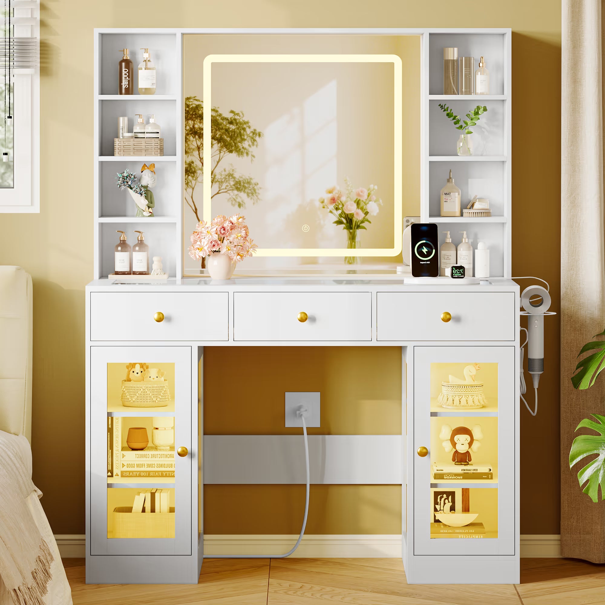 Anymaple Celeste White glass top vanity desk with HD lighted mirror and storage drawers for bedroom makeup organization