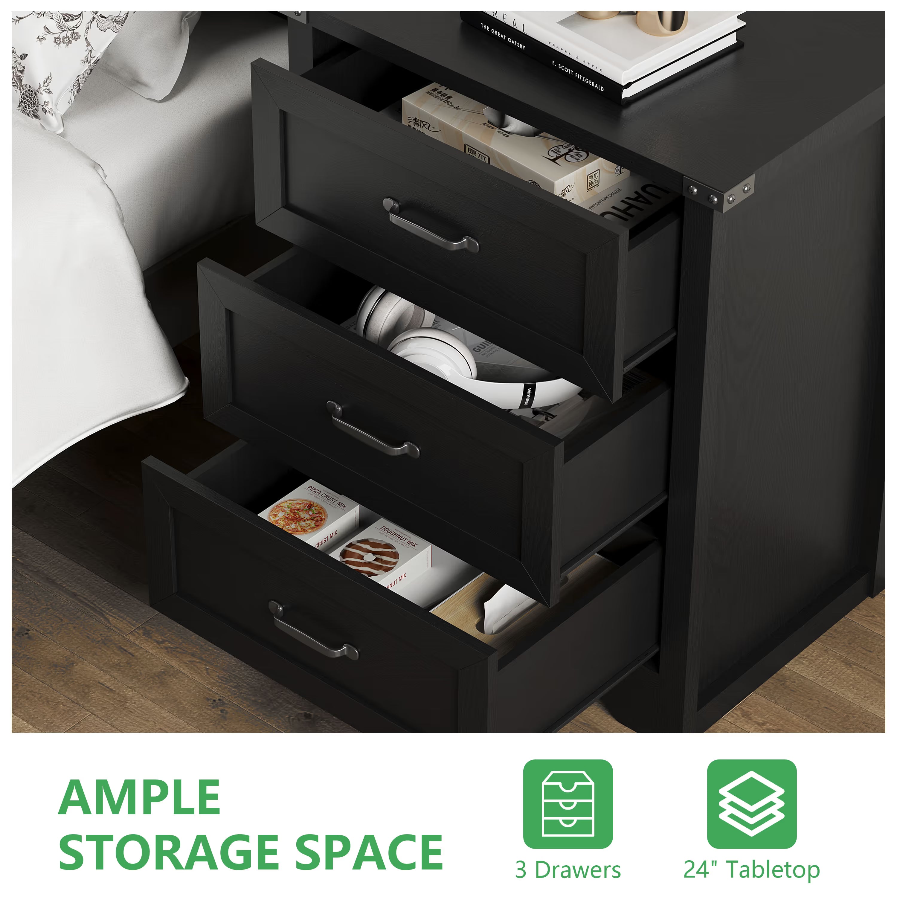 Anymaple Marlow Collection Black 3-drawer compact dresser with deep storage drawers and black metal handles, open drawer storage view