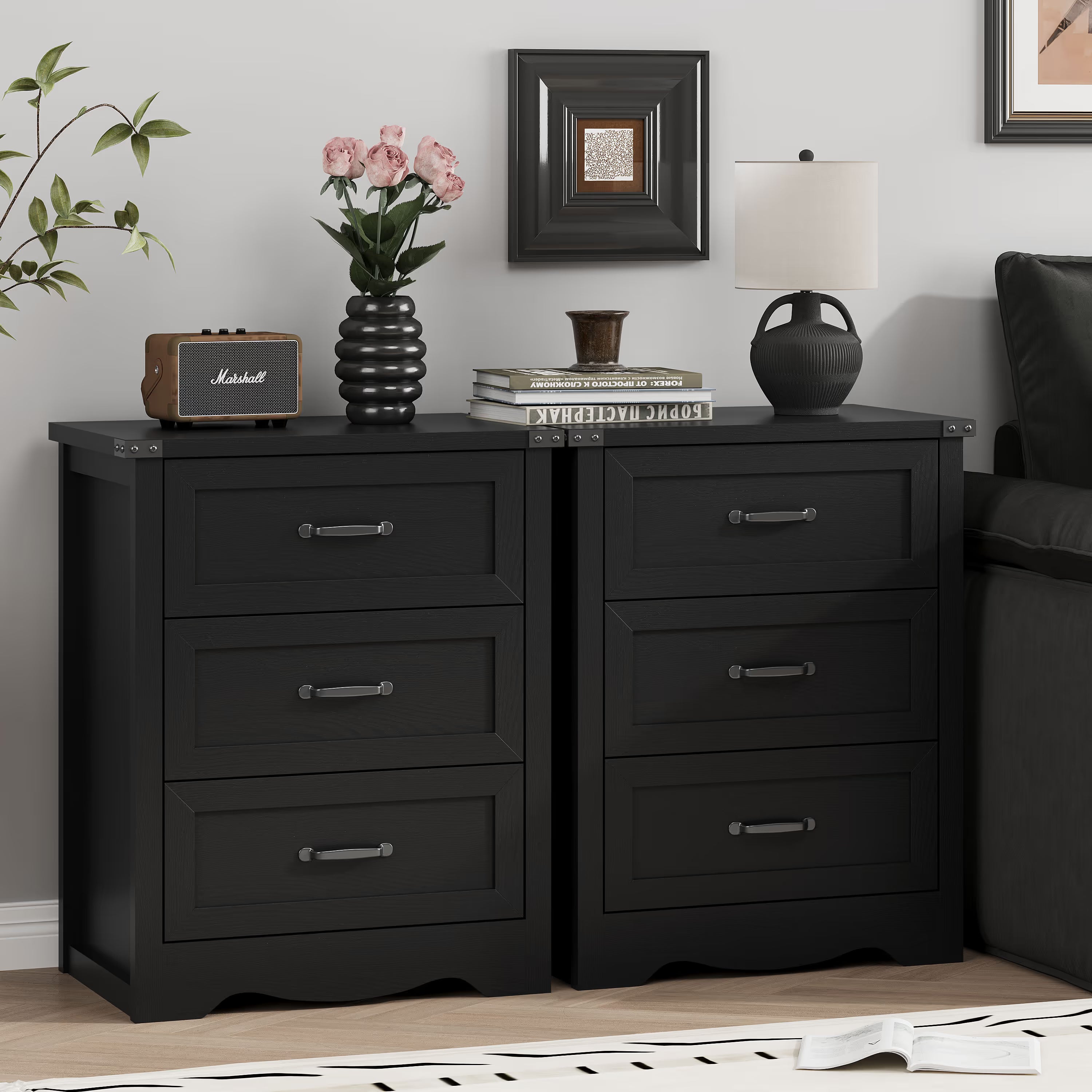 Anymaple Marlow Collection Black 3-drawer compact dresser with deep storage drawers and black metal handles, paired bedroom storage view