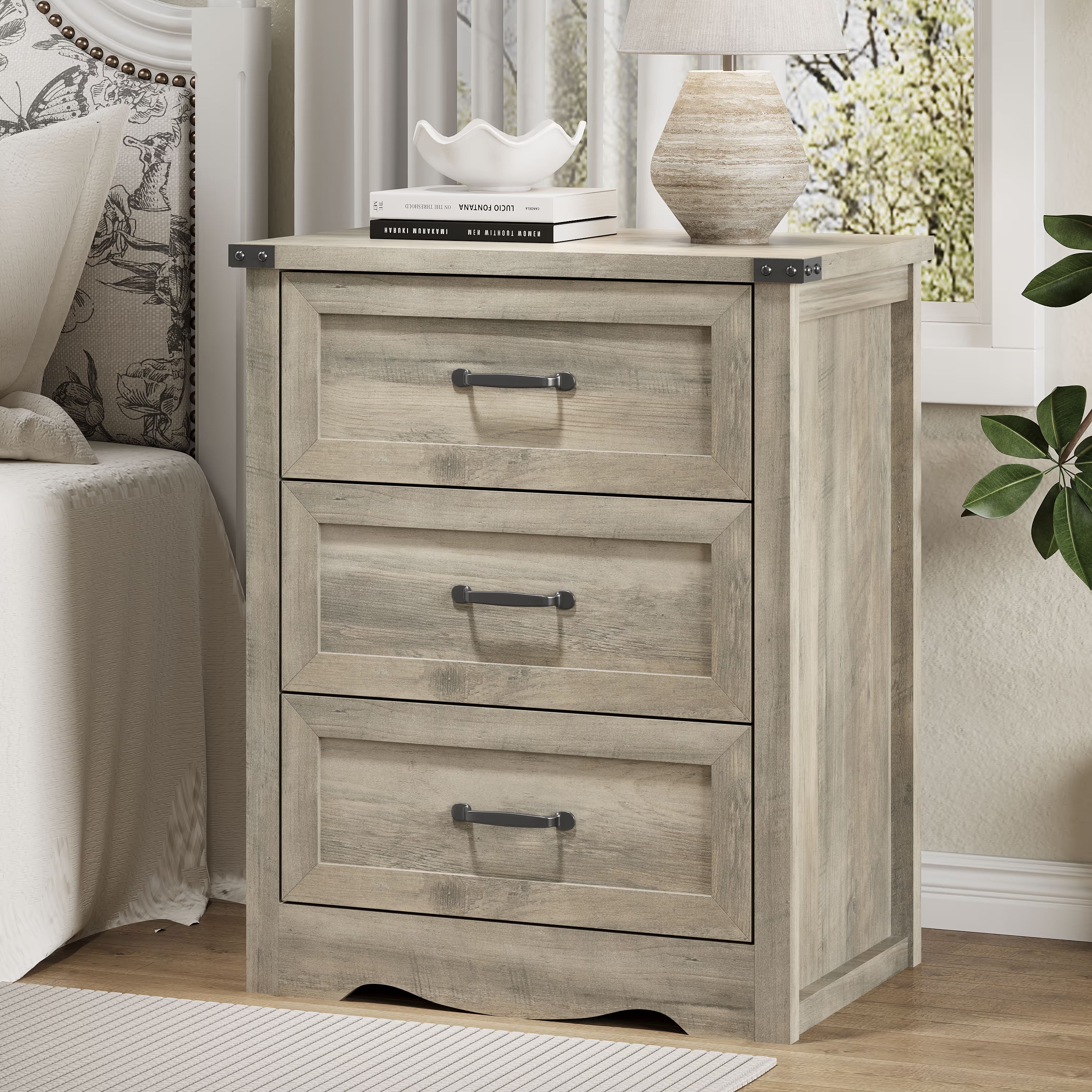 Anymaple Marlow Collection Gray 3-drawer compact dresser with deep storage drawers and black metal handles, bedroom main view