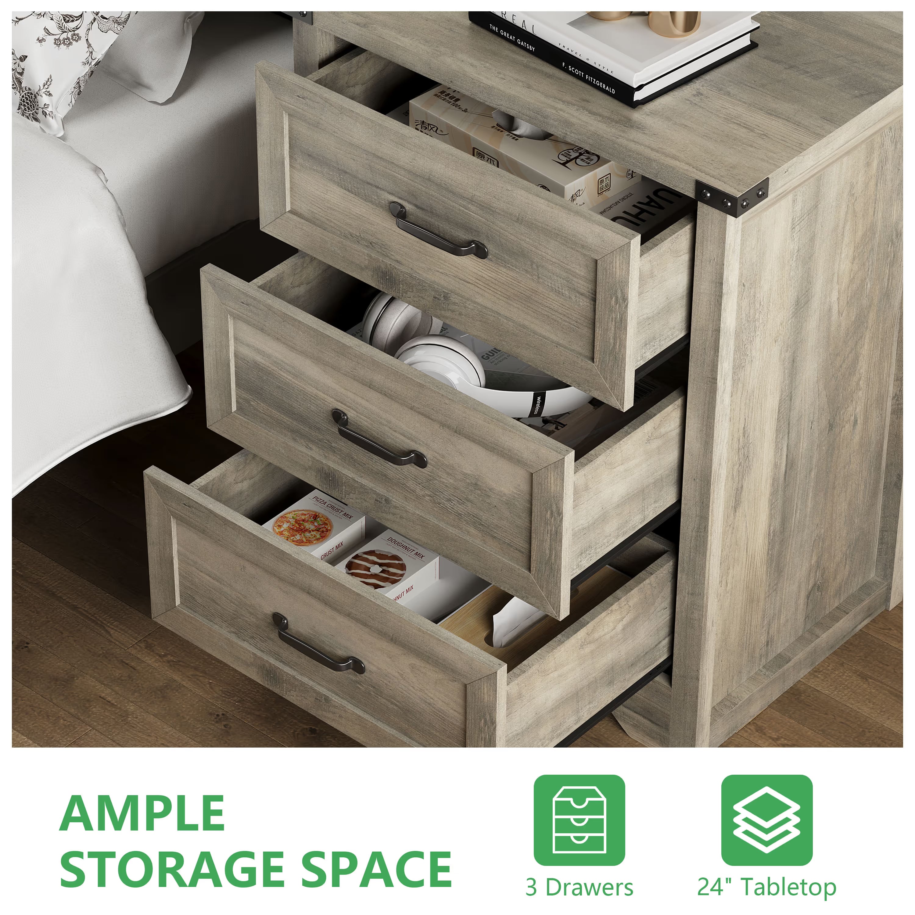 Anymaple Marlow Collection Gray 3-drawer compact dresser with deep storage drawers and black metal handles, open drawer storage view