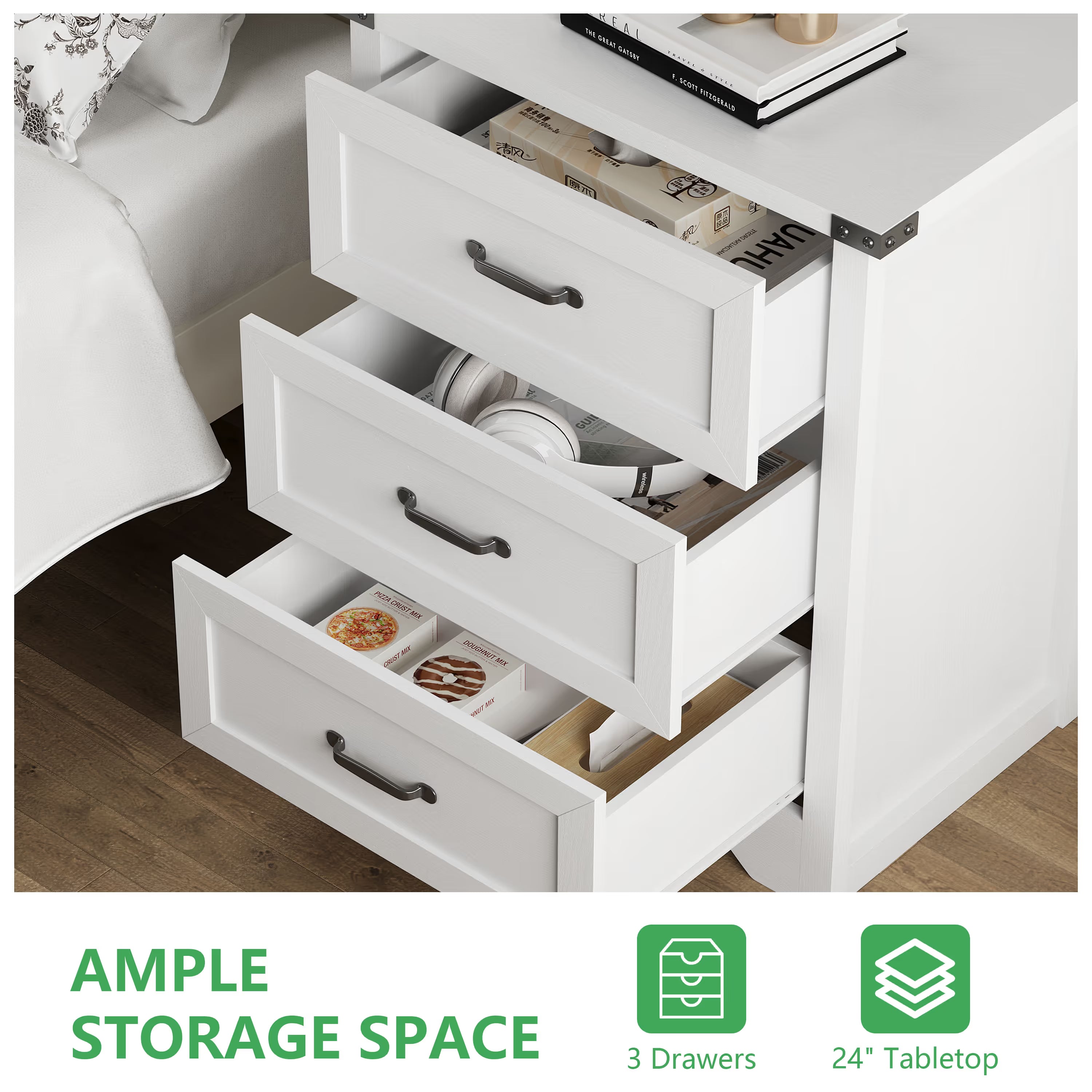 Anymaple Marlow Collection White 3-drawer compact dresser with deep storage drawers and black metal handles, open drawer storage view