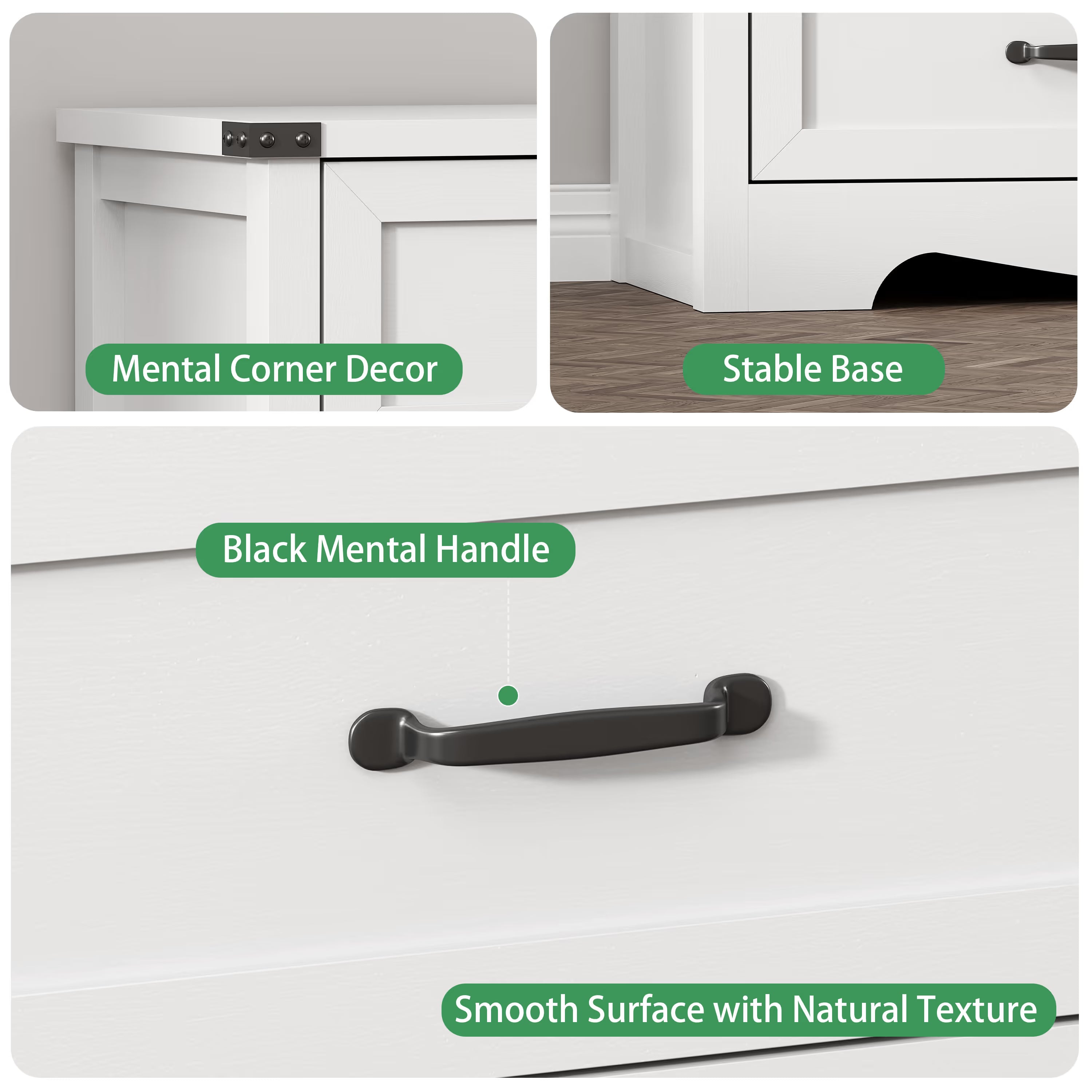 Anymaple Marlow Collection White 3-drawer compact dresser with deep storage drawers and black metal handles, metal handle and smooth drawer detail