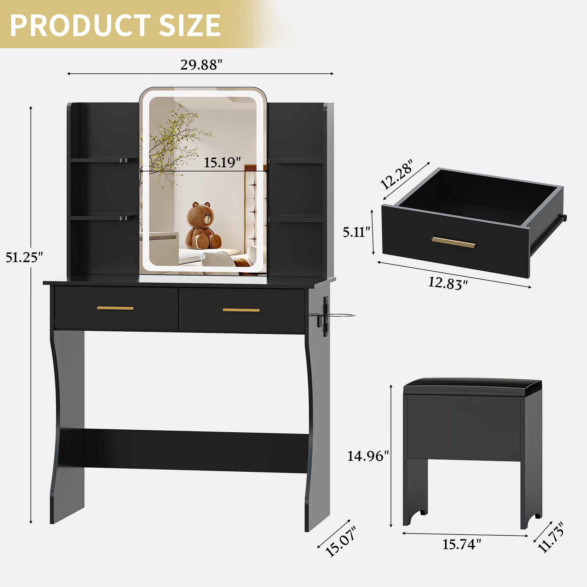 Anymaple Aurelia Black vanity desk product size dimensions, 31 inch makeup vanity with lighted mirror