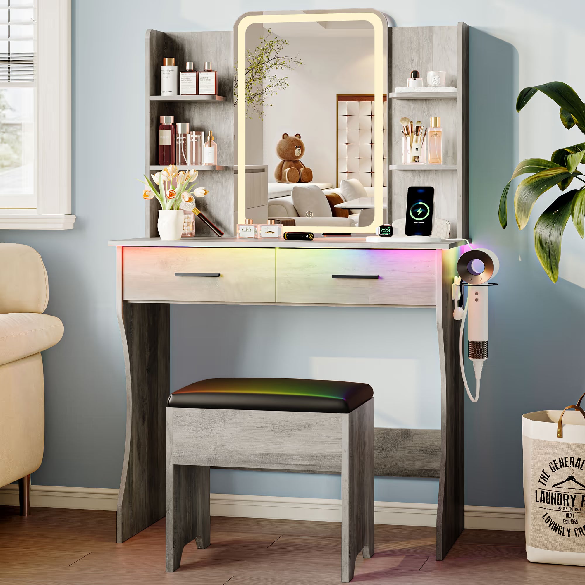 Anymaple Aurelia Gray vanity desk with HD lighted mirror and lights for bedroom makeup storage
