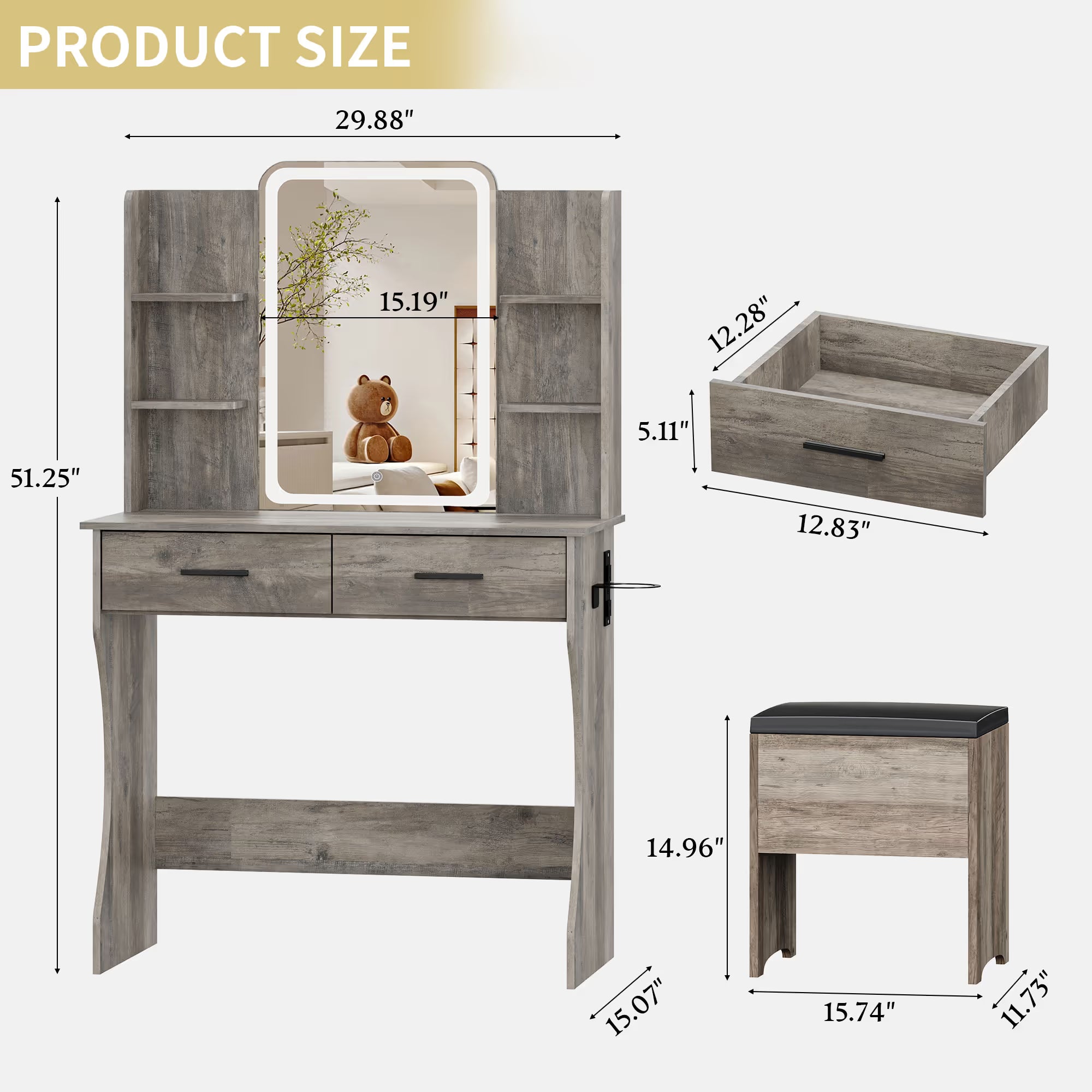 Anymaple Aurelia Gray vanity desk product size dimensions, 31 inch makeup vanity with lighted mirror