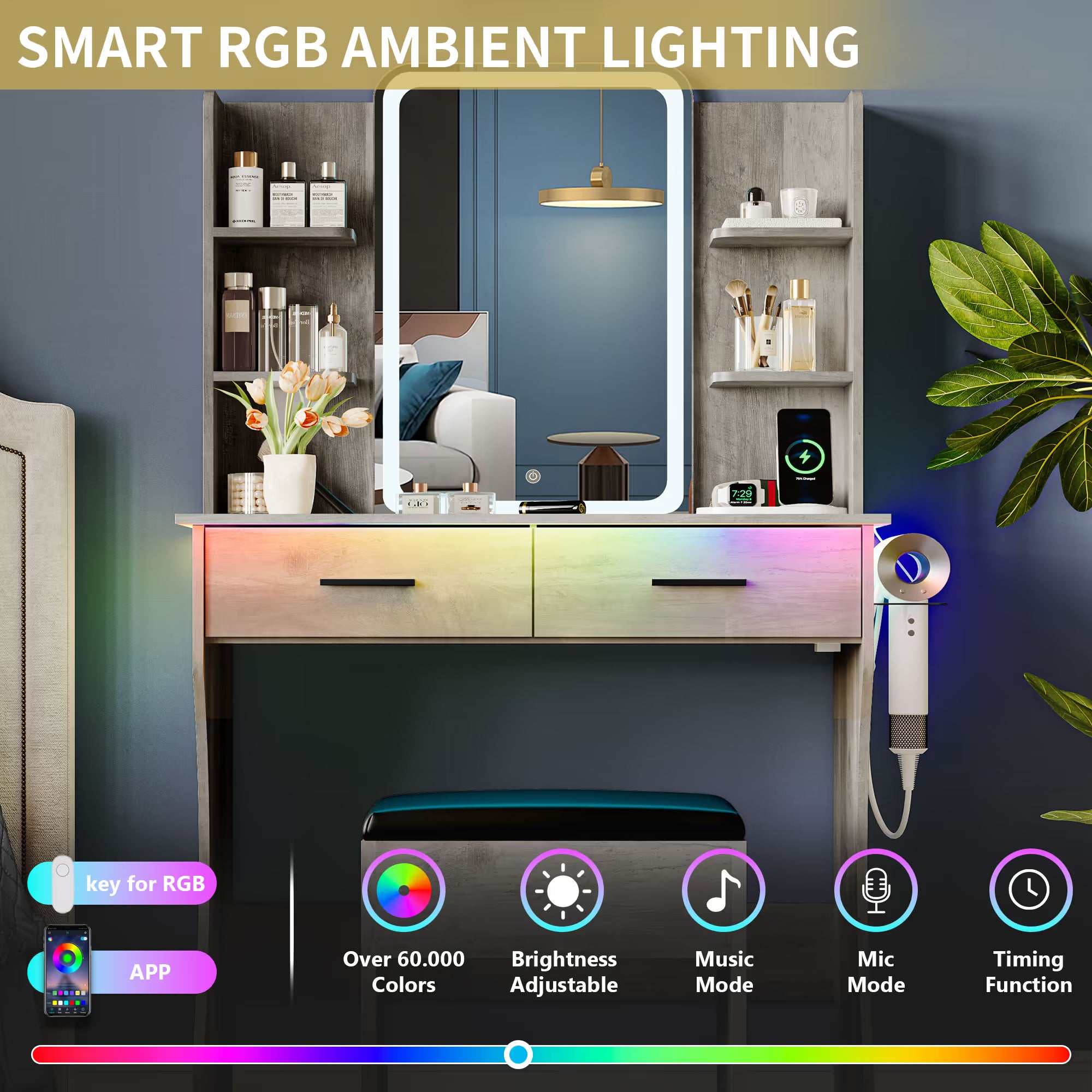 Anymaple Aurelia Gray vanity desk with RGB ambient lighting for bedroom makeup table setup