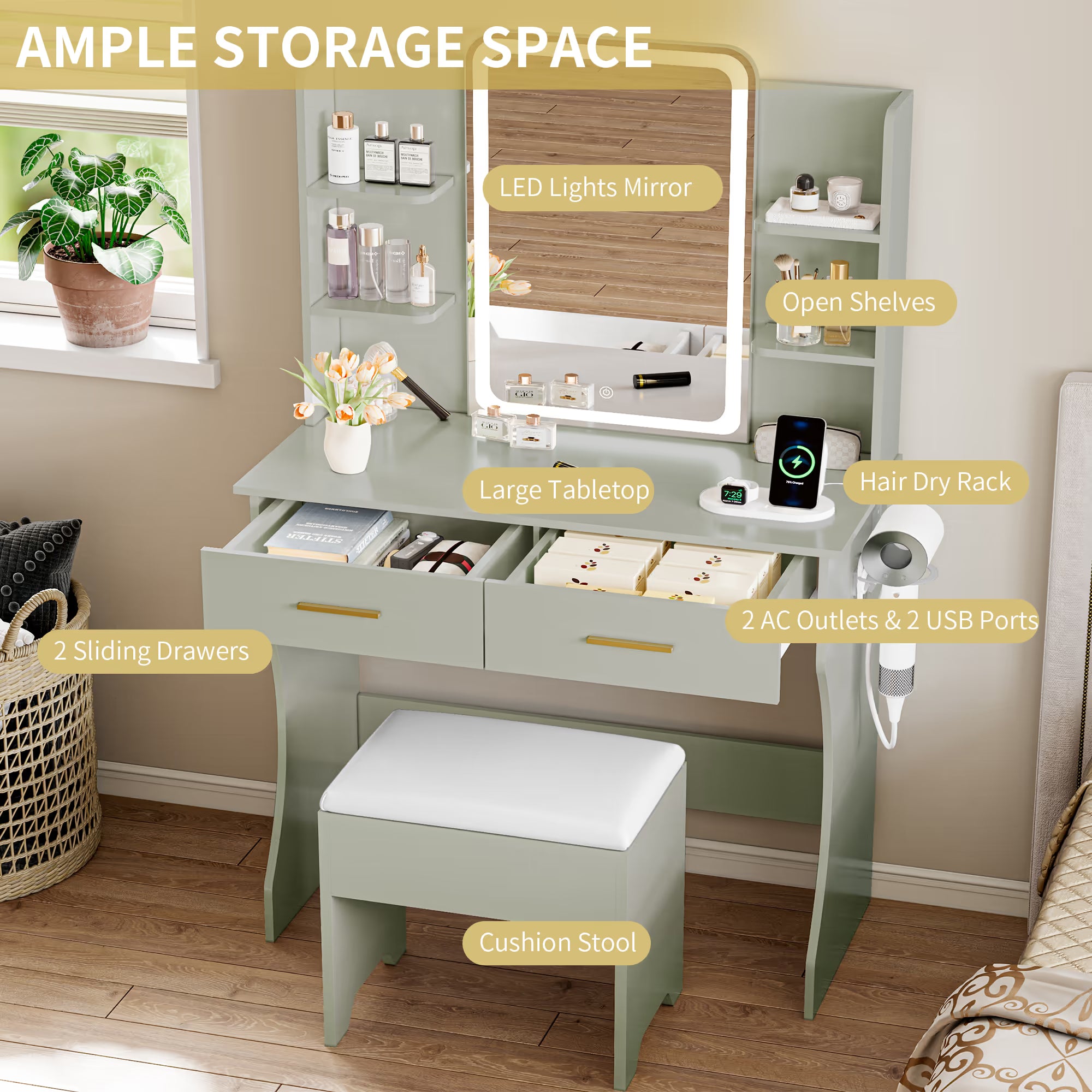 Anymaple Aurelia Green vanity desk with 2 drawers and open shelves for makeup storage