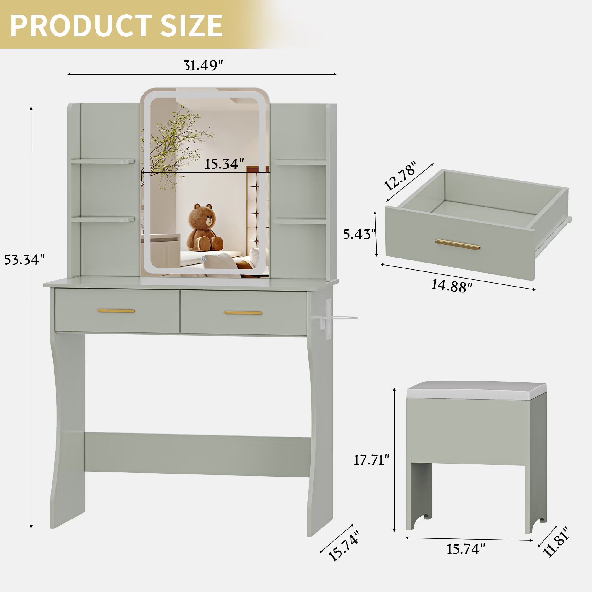Anymaple Aurelia Green vanity desk product size dimensions, 31 inch makeup vanity with lighted mirror