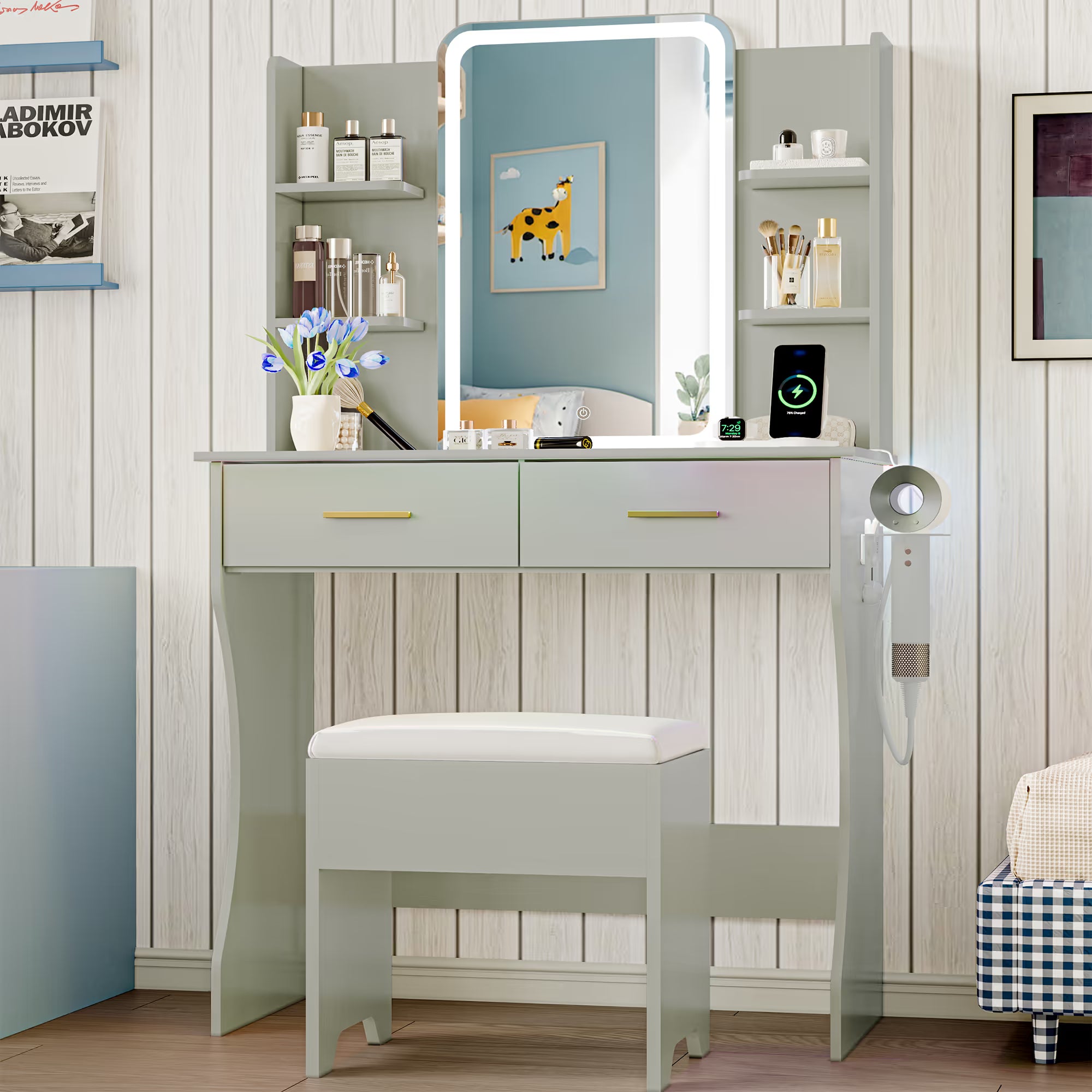 Anymaple Aurelia Green vanity desk with HD lighted mirror and lights for bedroom makeup storage