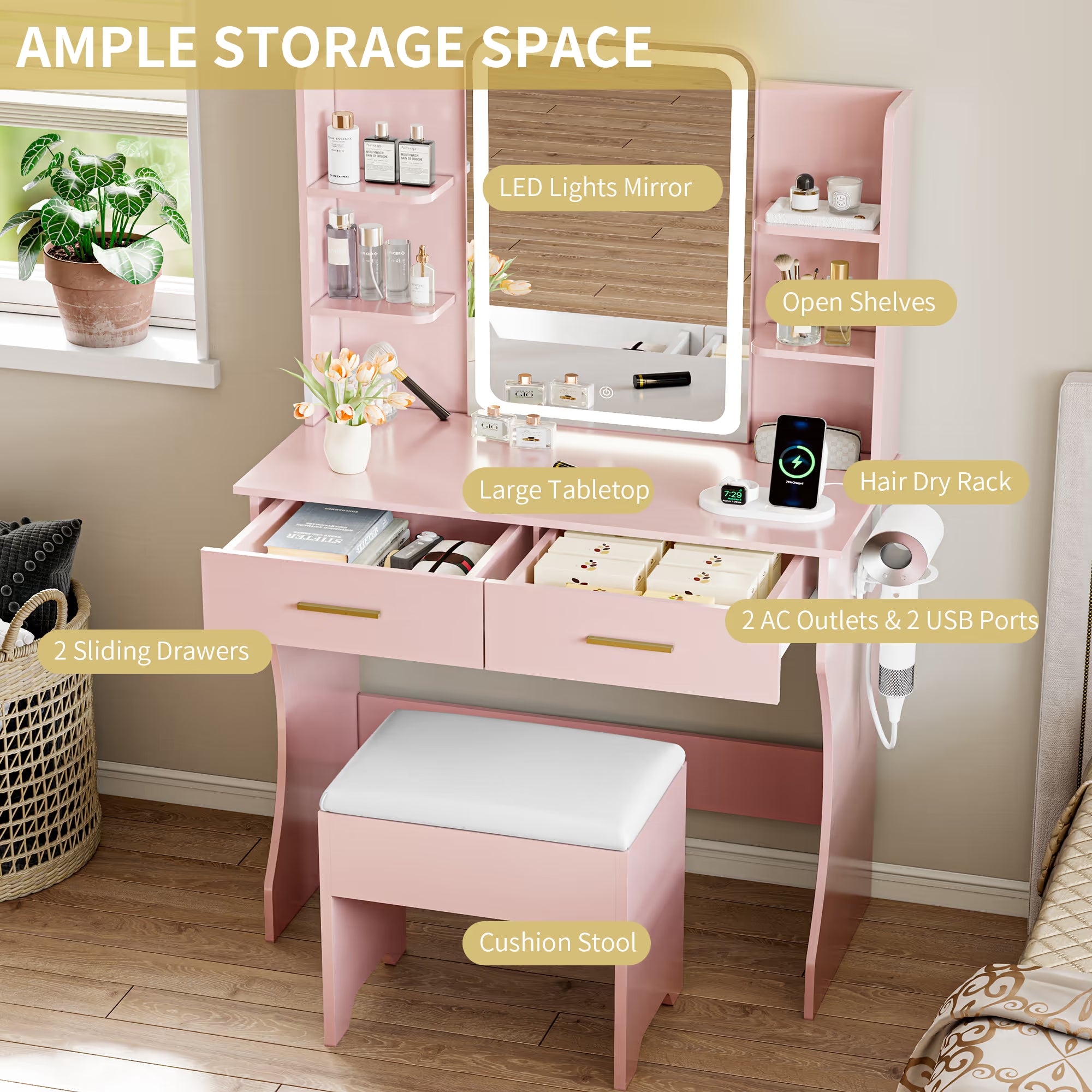 Anymaple Aurelia Pink vanity desk with 2 drawers and open shelves for makeup storage
