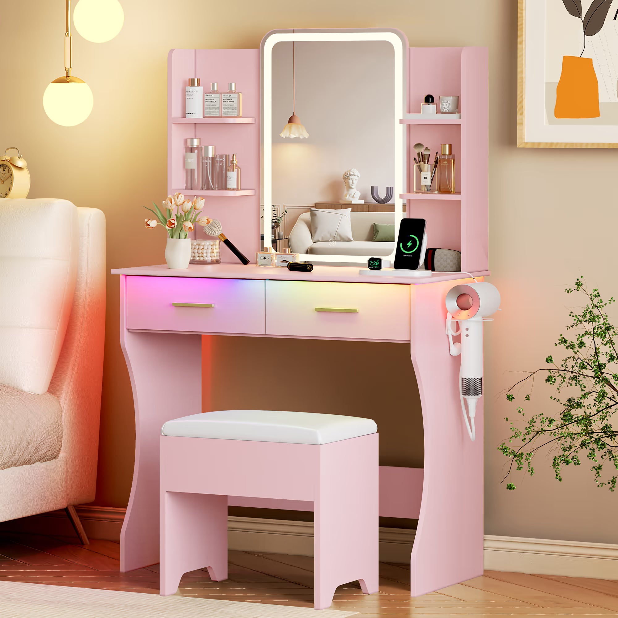 Anymaple Aurelia Pink vanity desk with HD lighted mirror and lights for bedroom makeup storage