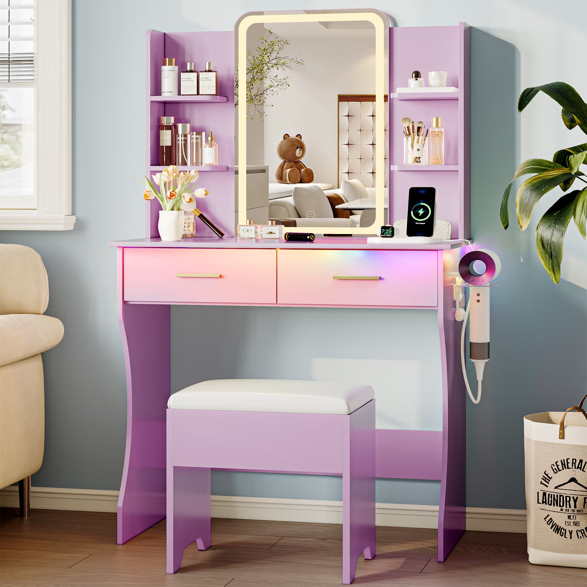 Anymaple Aurelia Purple vanity desk with HD lighted mirror and lights for bedroom makeup storage