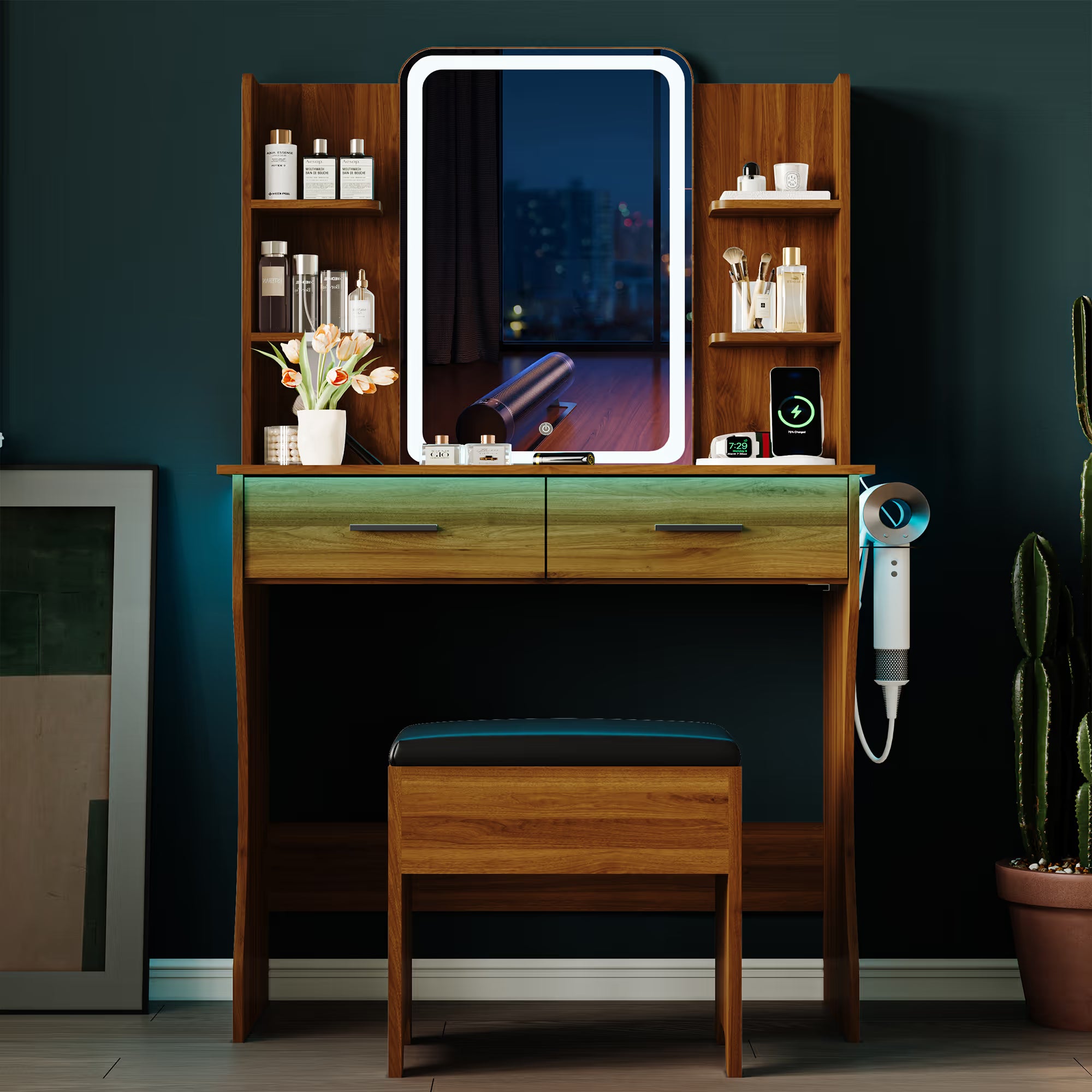 Anymaple Aurelia Walnut vanity desk with HD lighted mirror and lights for bedroom makeup storage