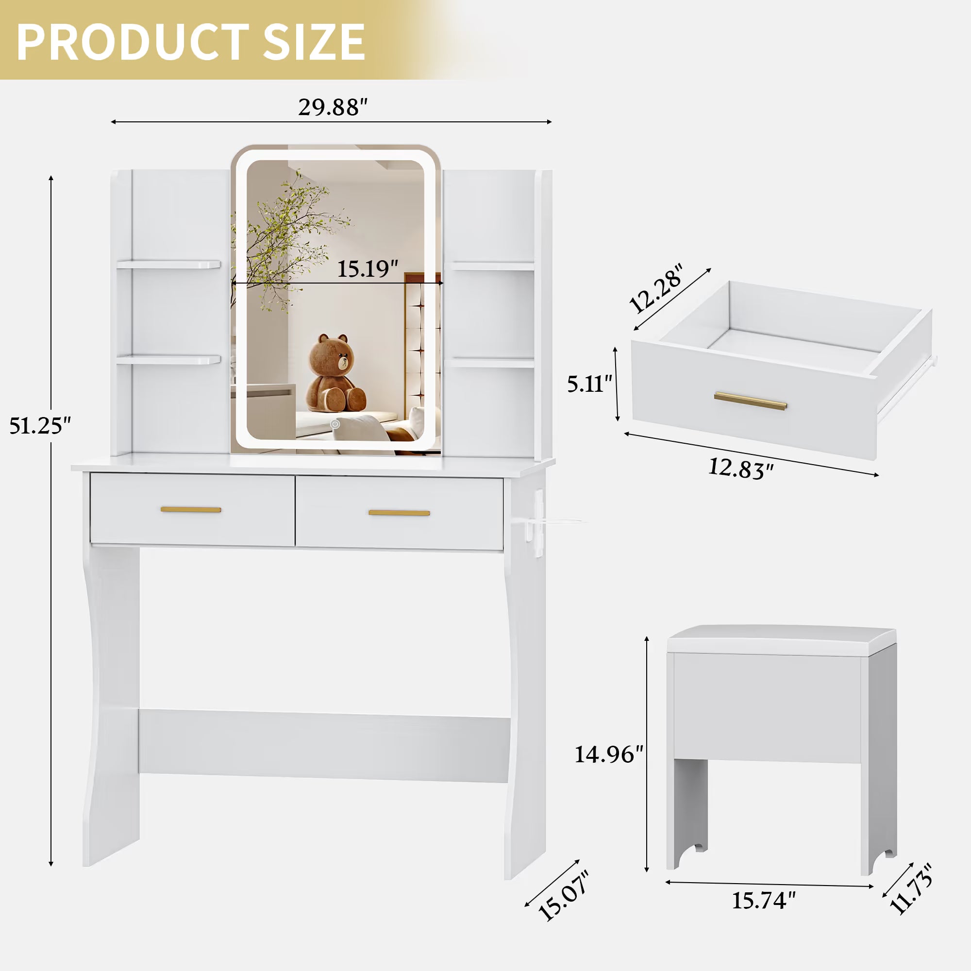 Anymaple Aurelia White vanity desk product size dimensions, 31 inch makeup vanity with lighted mirror