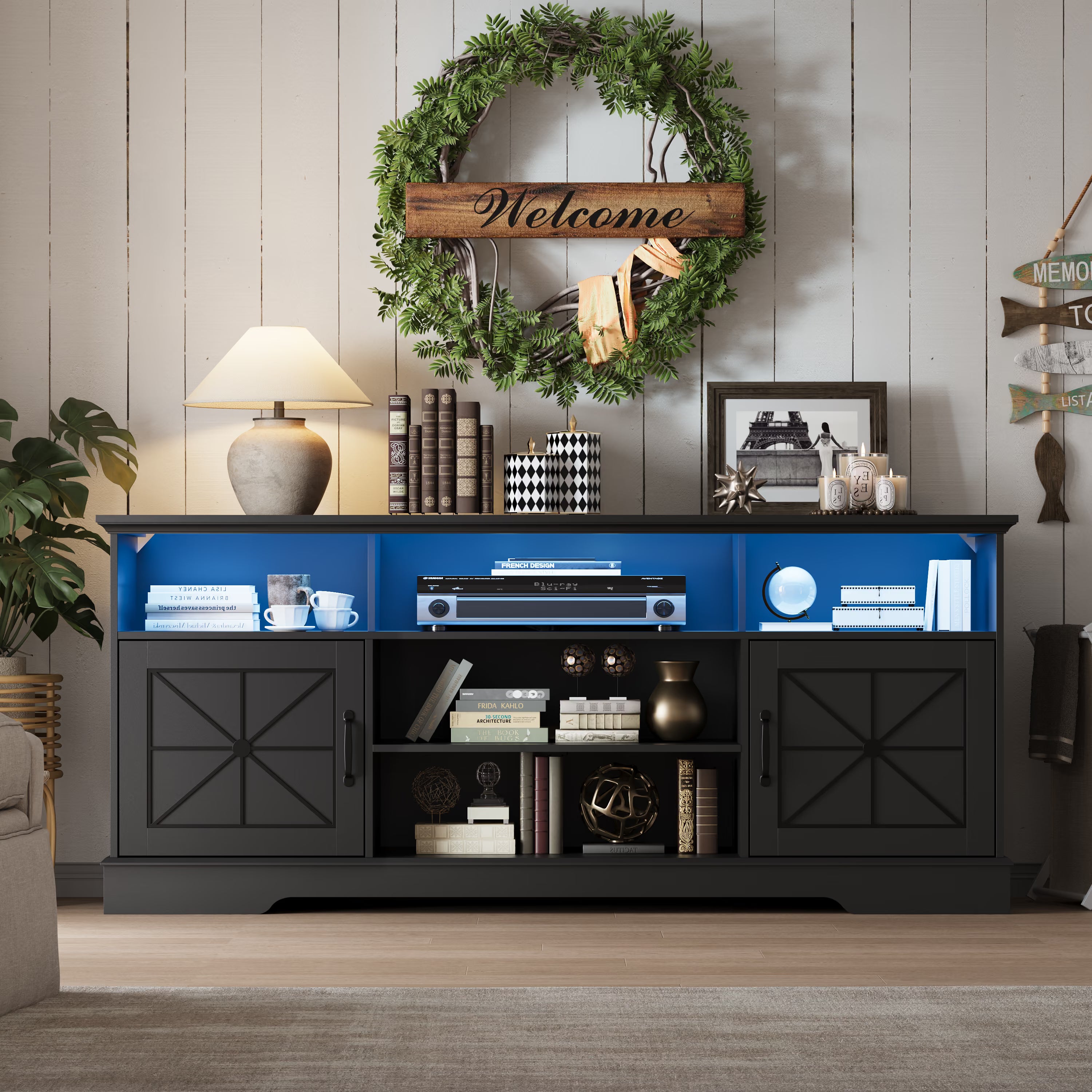 Anymaple Black farmhouse TV stand with LED, rear cable management holes for a cleaner media console setup