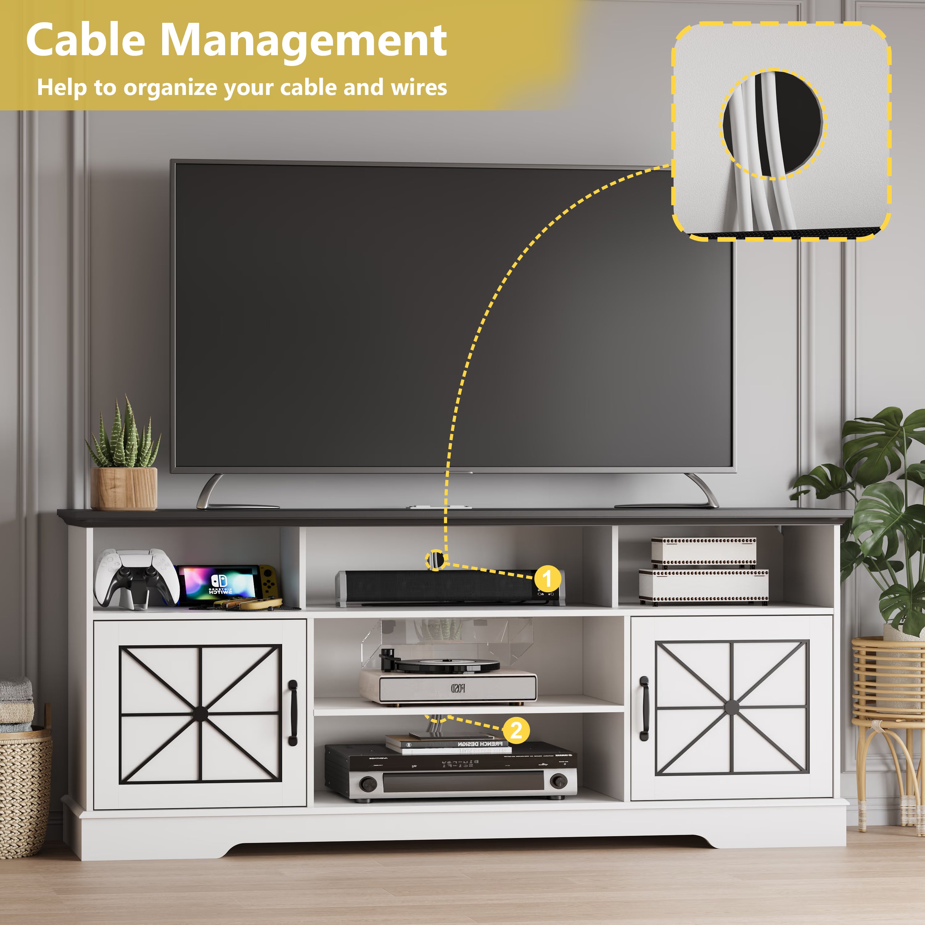 Anymaple White farmhouse TV stand with LED, RGB LED lighting for movies gaming and ambient living room style