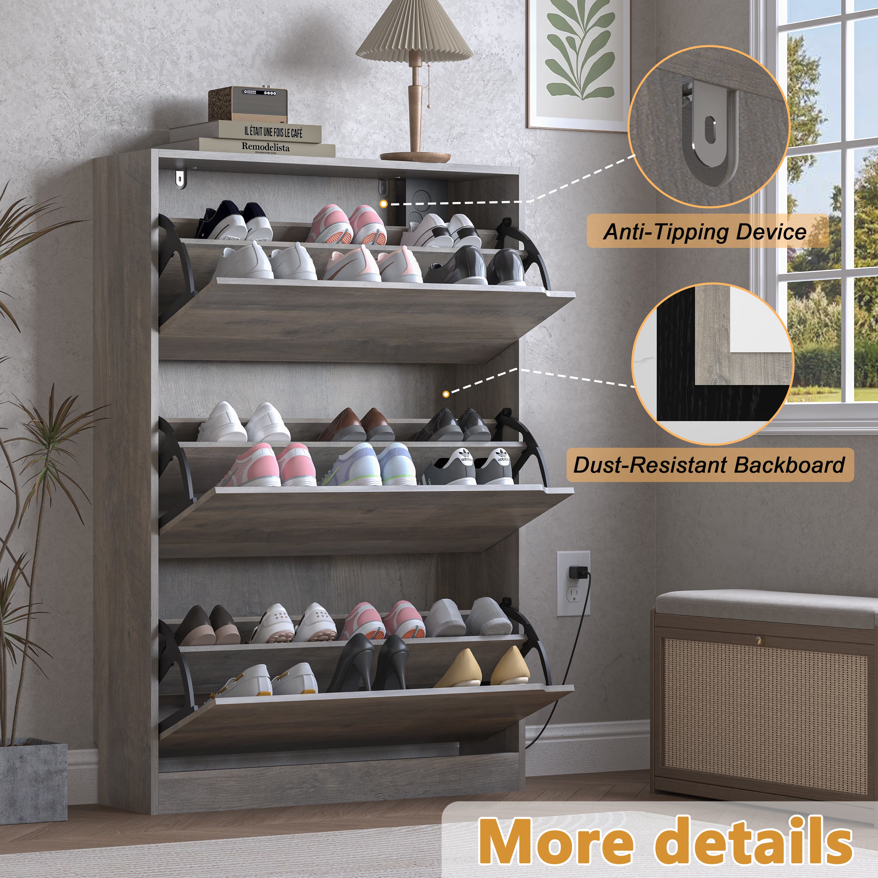 Anymaple Crestline Gray deodorizing 3-door shoe cabinet, anti tip stable design for daily family shoe storage