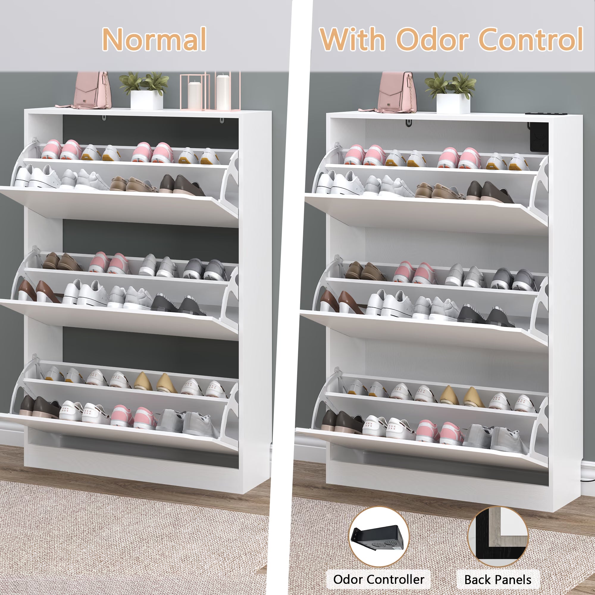 Anymaple Crestline White deodorizing 3-door shoe cabinet, anti tip stable design for daily family shoe storage