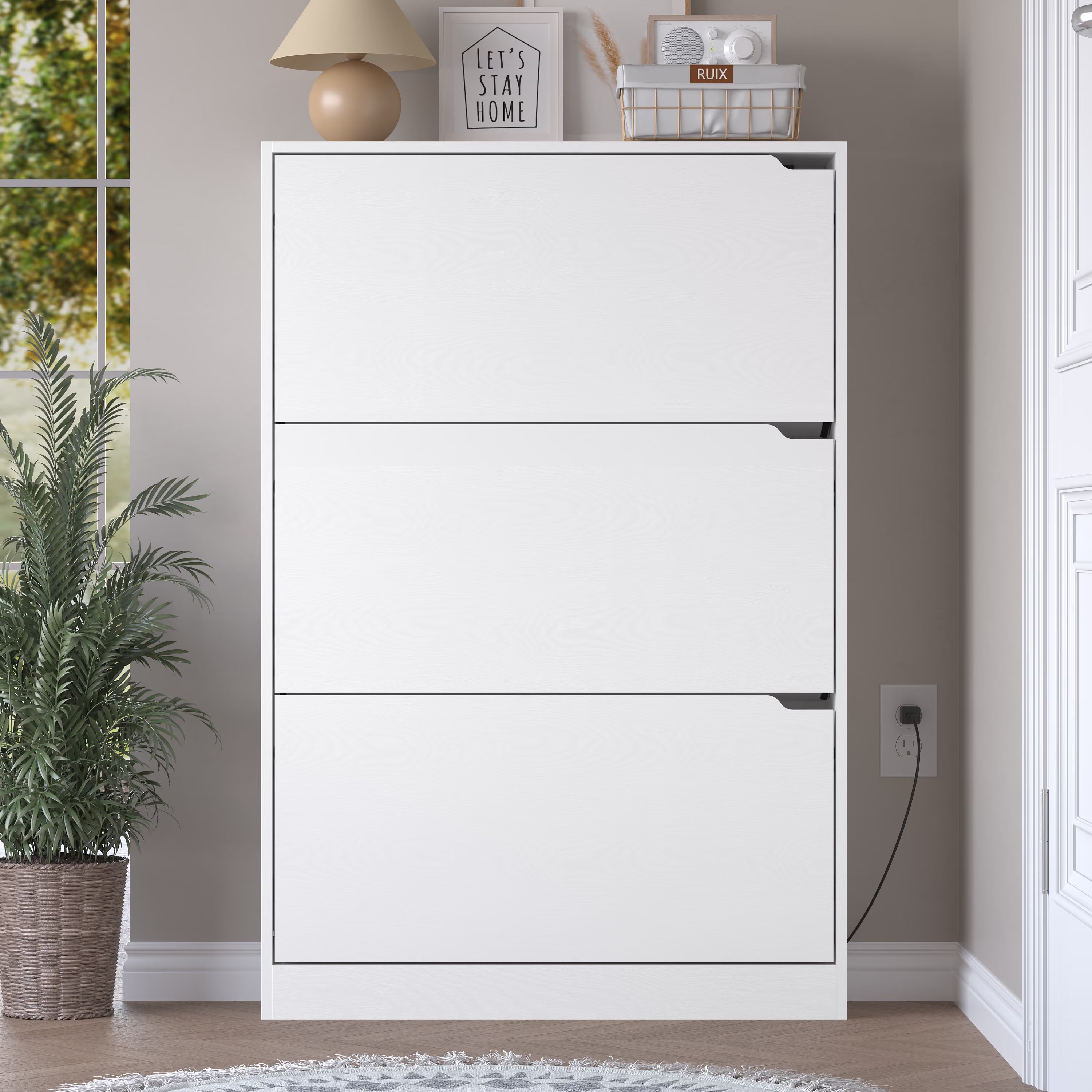 Anymaple Crestline White deodorizing 3-door shoe cabinet, space saving shoe organizer cabinet for apartment entryway use