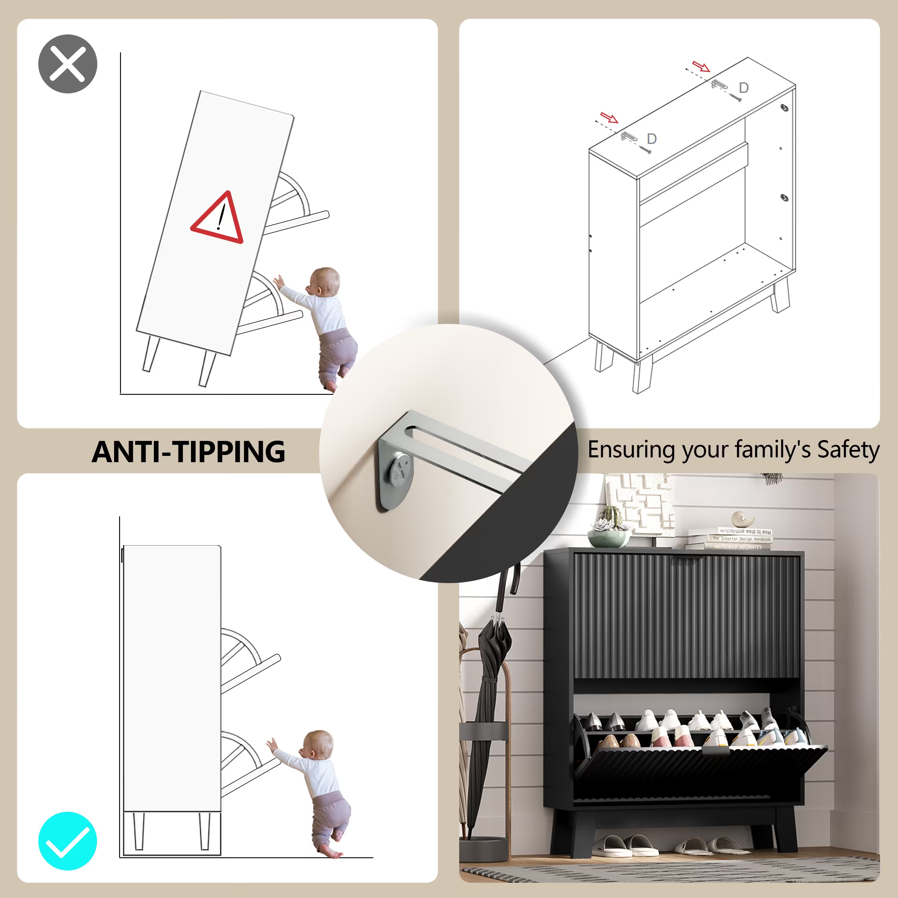 HLG136 Linea Anymaple black entryway shoe storage cabinet with anti tipping wall anchor for safer home organization