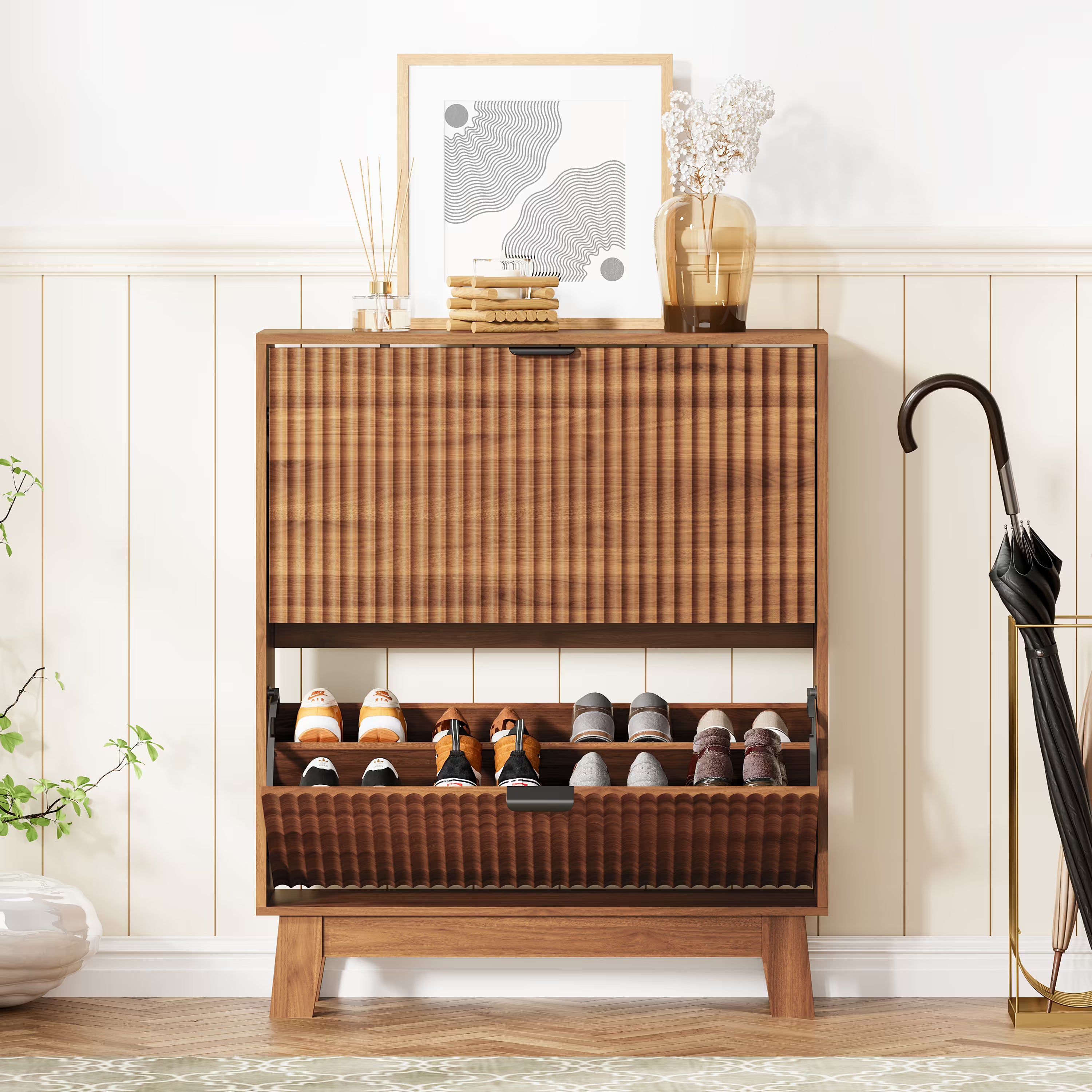 HLG136 Linea Anymaple walnut shoe rack cabinet with adjustable and removable interior panels for different shoe heights