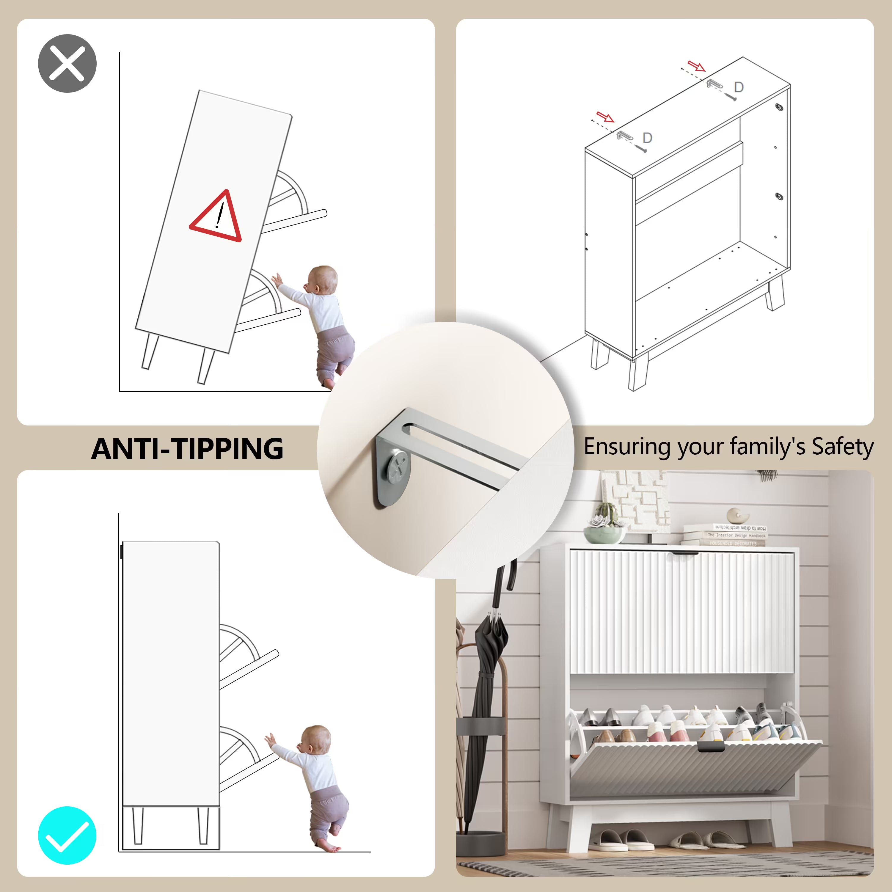 HLG136 Linea Anymaple white entryway shoe storage cabinet with anti tipping wall anchor for safer home organization