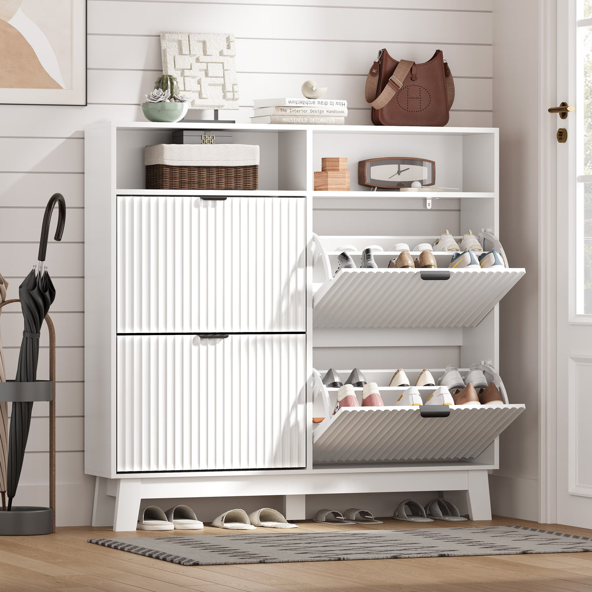 White Linea Fluted Shoe Cabinet with 4 Flip Drawers & Open Cubby, front product view