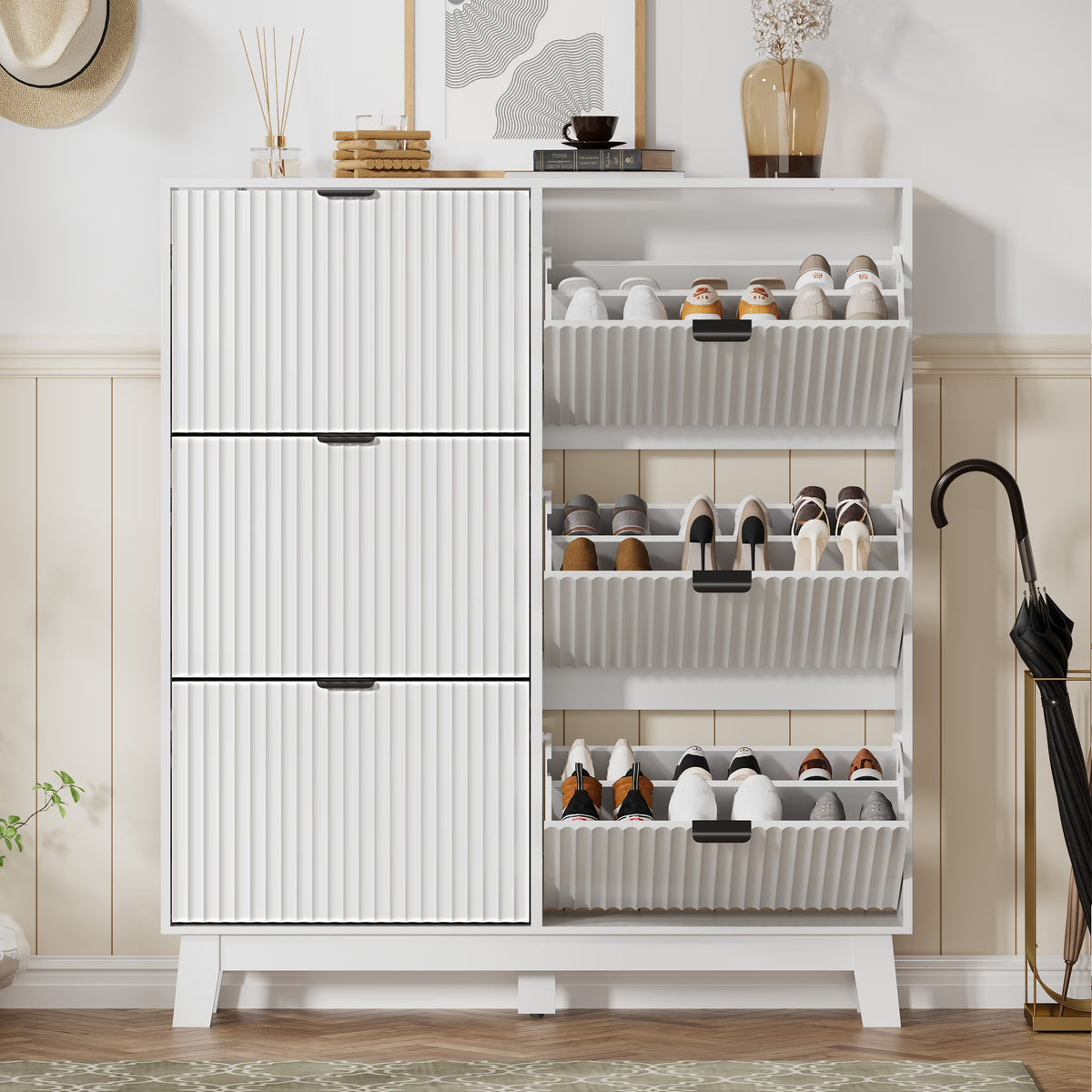 White Linea Fluted Entryway Shoe Cabinet with 6 Flip Drawers, styled entryway view